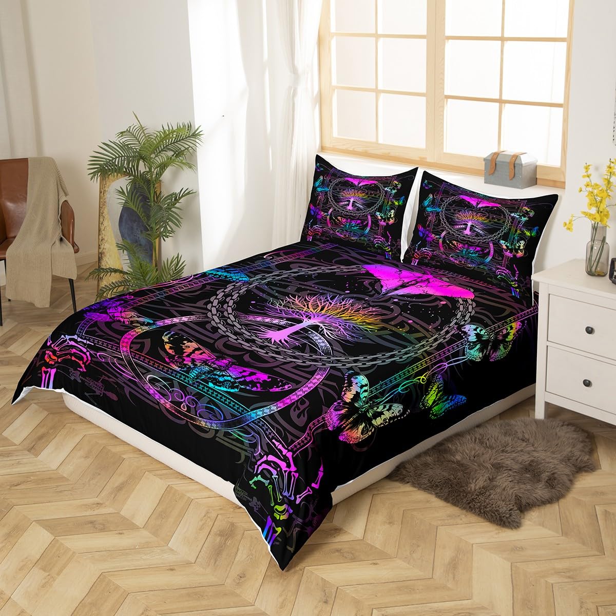 Boho Moth Bedding Set King Size,Skeleton Skull Gothic Duvet Cover Set for Kid Teen Boys Girls,Butterflies Trees Comforter Cover Decorative Room,Mysterious Neon Gradient Quilt Cover with 2 Pillowcases