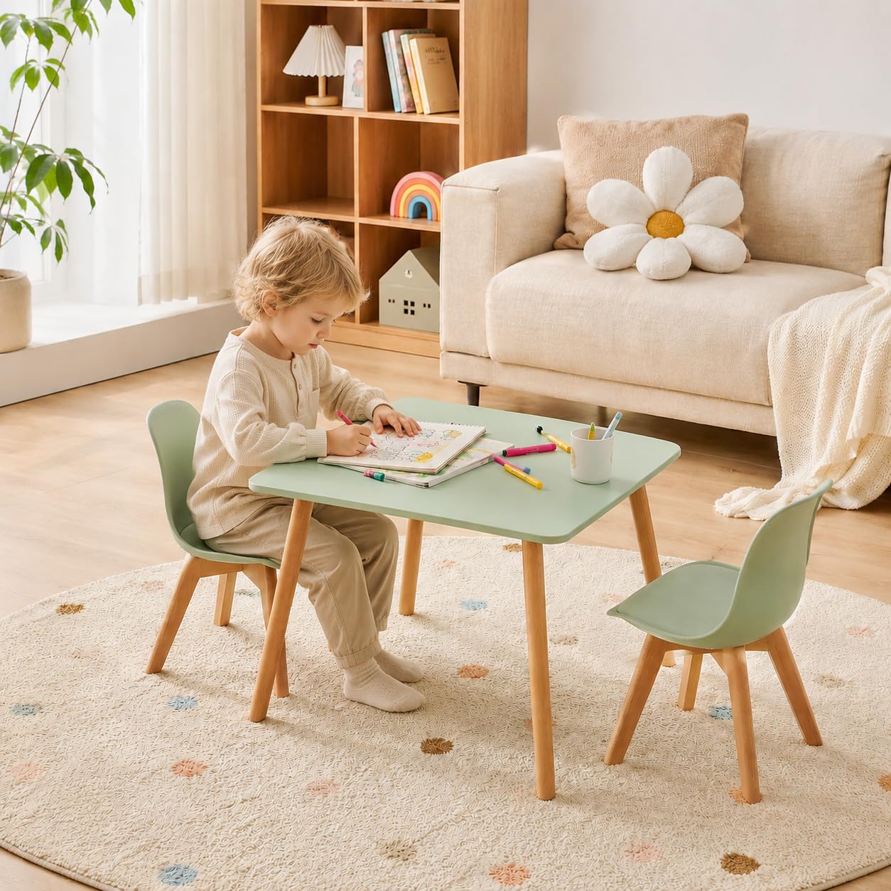 EGGREE Table et 2 chaises Enfant pour Chambre et crèche, Vert | Ensemble enfant 3 pièces : table 56 x 52 x 48 cm, 2 chaises, hêtre massif FSC, coins arrondis, assises faciles à essuyer.