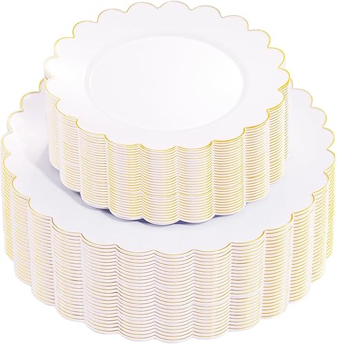 supernal 100 platos de plástico blanco y dorado festoneado, platos de plástico para fiestas, bonito plato de cena, perfecto para el día de San 100