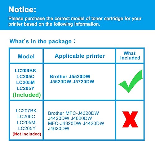 Miniatura 2 de LCL Cartucho de tinta de repuesto compatible para Brother LC209 LC205 LC209BK LC205C LC205M LC205Y XXL Super High Yield MFC-J5520DW J5620DW J5720DW