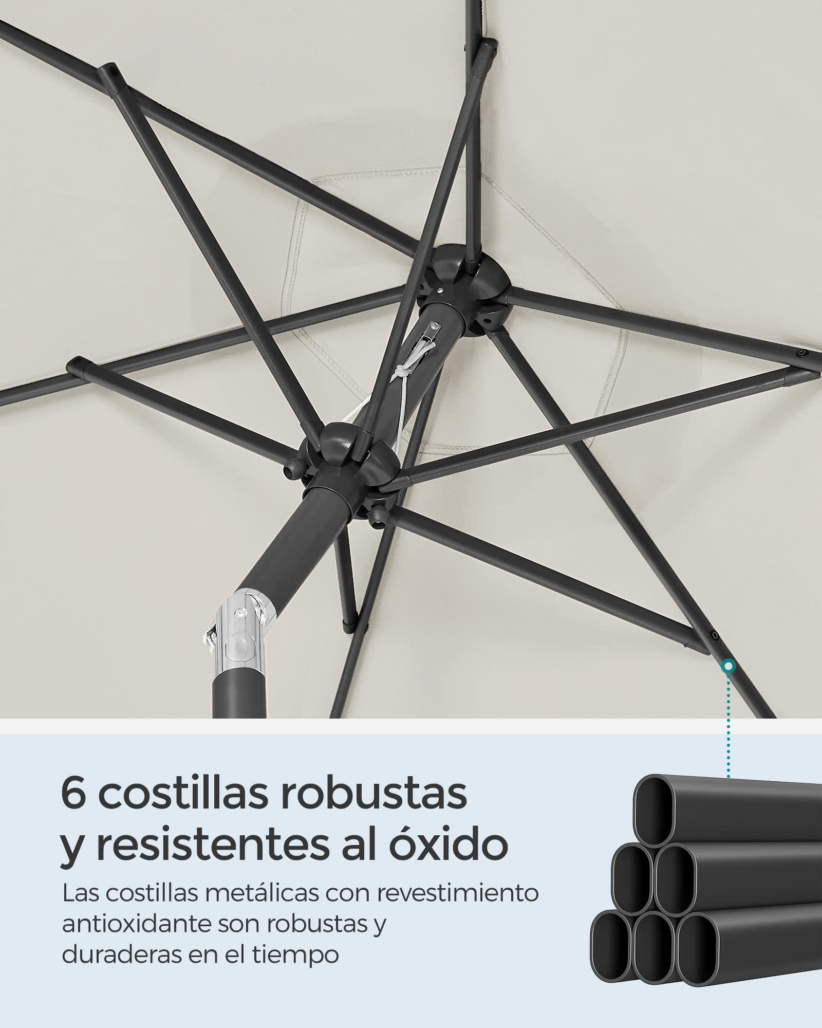 SONGMICS Sombrilla de Jardín 210 cm, UPF 50+, Parasol, 30°de Inclinación en dos Direcciones, con Manivela, para Patio, Terraza, Balcón, Piscina, sin Base, Beige GPU202M01