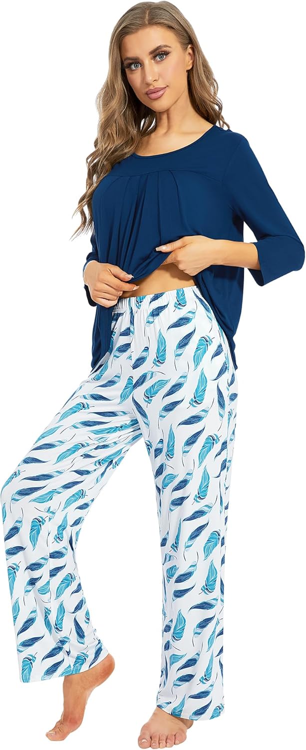 WiWi Pajamas Set for Women Super Soft 3/4 Sleeve Tops and Pants Pajama Sets Cooling Viscose Bamboo Pjs with Pockets S-XXL - Image 3
