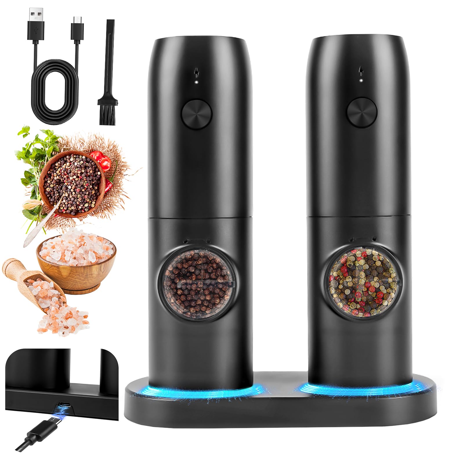 Set di 2 macinasali e pepe elettrico con base ricaricabile, doppia stazione di ricarica, spazzola, luce LED, macinazione automatica per barbecue, ristorante cucina