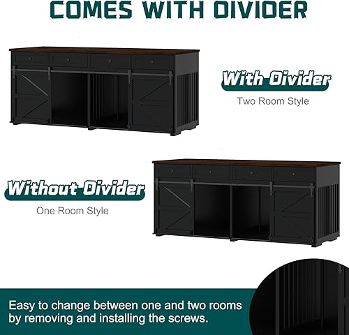 Miniatura 5 de Furniture Style - Jaula para perros, 83 pulgadas de largo, muebles de madera para interiores con puertas correderas dobles de granero, 4 cajones y