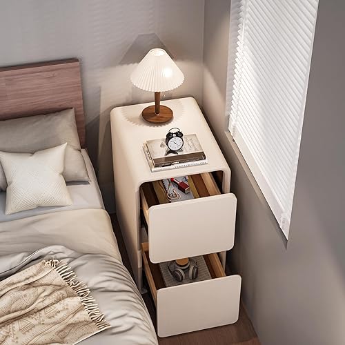 Miniatura 4 de VICITON Moderna mesita de noche estrecha de piel sintética, cajón de madera maciza, mesa auxiliar de almacenamiento, mesa auxiliar pequeña para