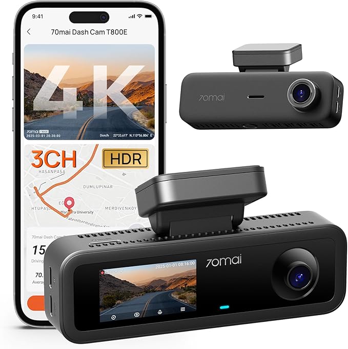 70mai Car Dash Cam 4K 3 canali T800E, Tripla Telecamera Anteriore e Posteriore 4K+1080P+1080P, HDR, Visione Notturna IR, Modalità Parcheggio, F1.55, GPS, Supercondensatore, MicroSD non inclusa