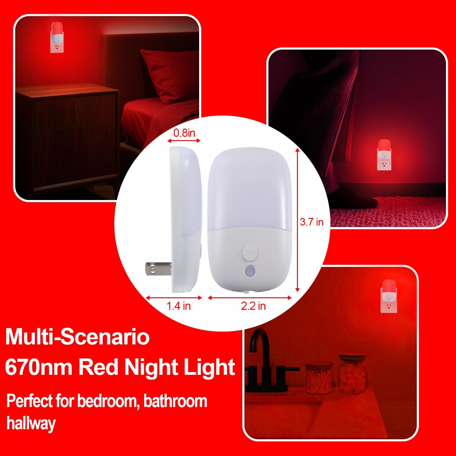 670nm Red Night Light with Retractable Plug [4 Pack] - Zero Blue Light, with Dusk to Dawn Sensor - Auto On/Off 0.3W LED Night Light Plug into Wall Pefect for Bedroom,Bathroom,Nursery,Hallway