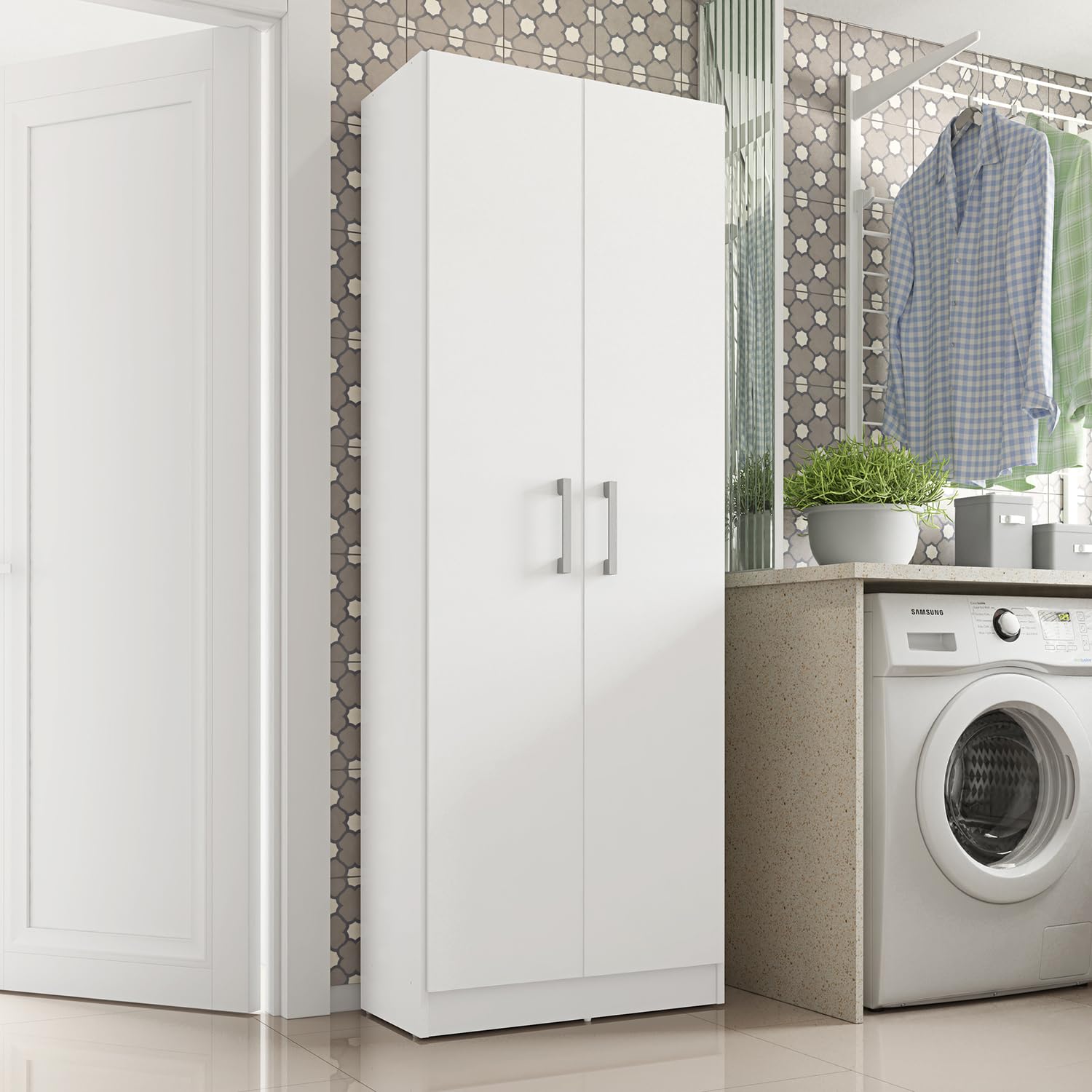 Armario escobero Multiusos 2 Puertas. Color Blanco (Alto 170 cm/Ancho 61 cm/Fondo 30 cm) - 61 x 170 x 30 cm