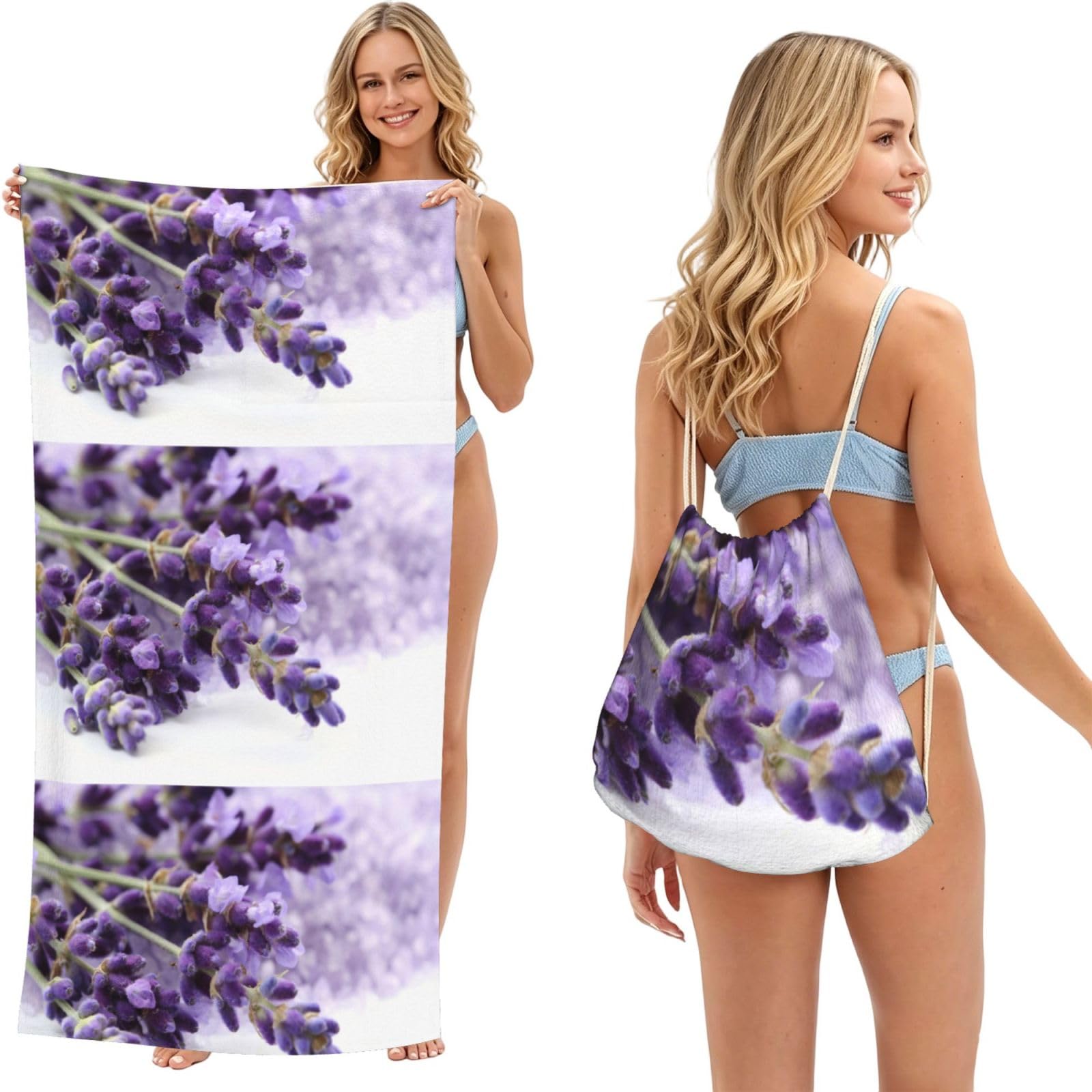 Poadnly Vintage Lavender Printed, 2 in 1 Packable Towel Bag, Beach Towels with Drawstring Backpack for Travel Holiday Camping