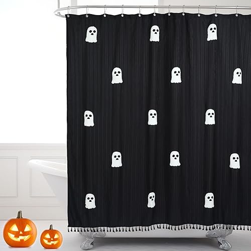 Cortina de ducha fantasma de Halloween, 72 x 72 pulgadas, cortina de ducha de algodón espeluznante y divertida con 12 ganchos para Halloween, baño,