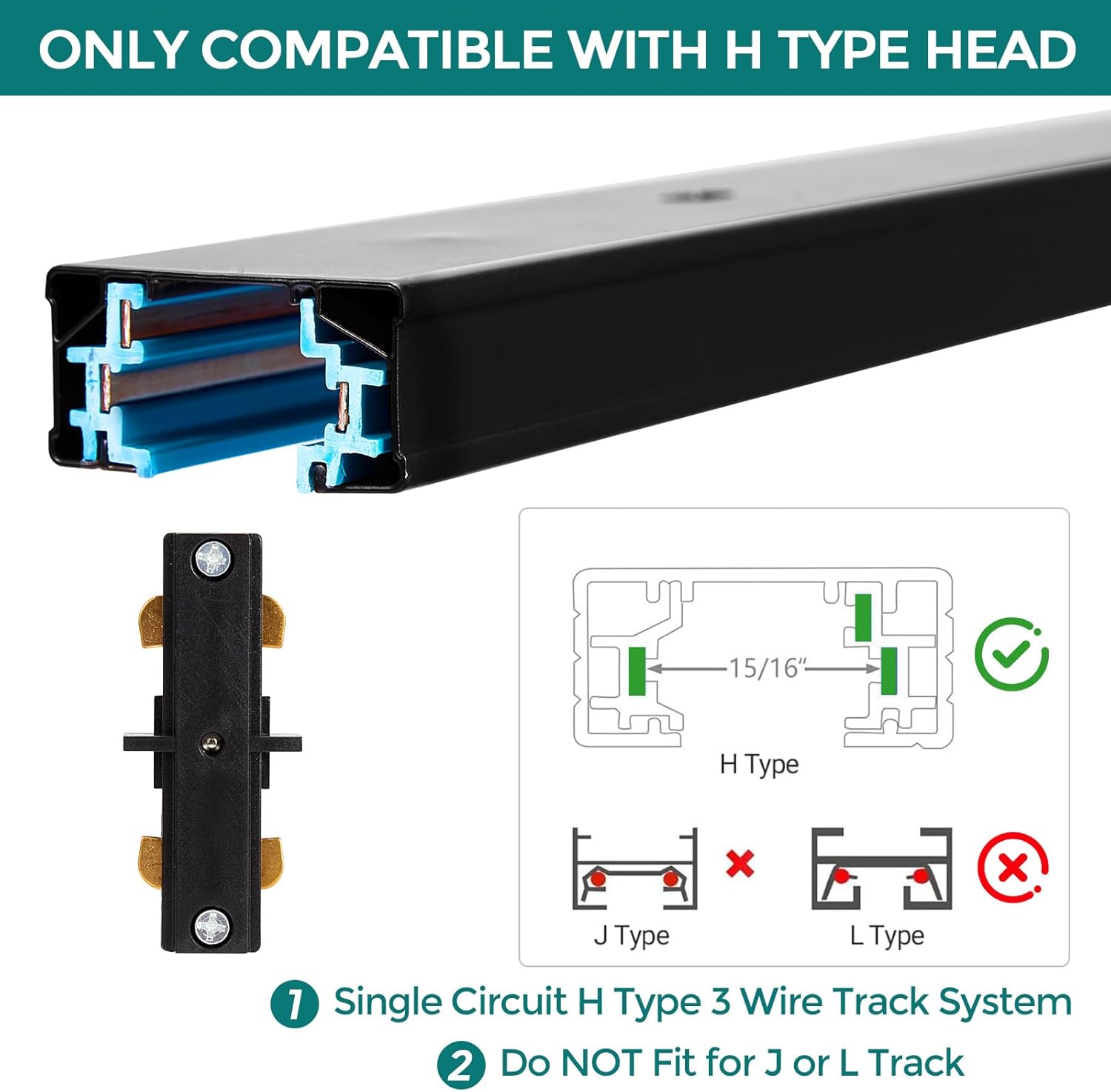 H Track Lighting I Connector - iCreating Black H Track Lighting Rails Straight Connectors, 3 Wire Track Light Fixtures Accessories for Single Circuit H Type LED Track Lights Heads System (2 Pack)
