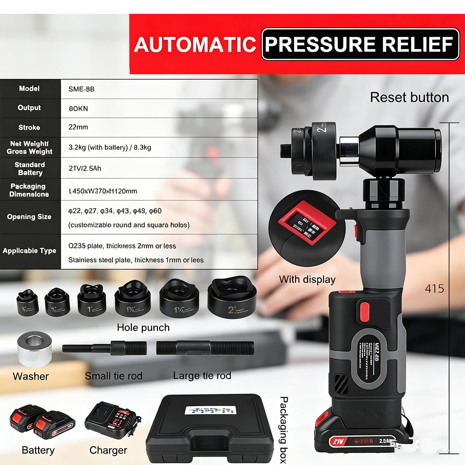 Kit Punzonadora Hidráulica Recargable, Máquina Punzonadora 80 Kn Con 6 Matrices (Φ22-60 Mm) Y Batería 21 V 2x2500 Mah, Herramienta Punzonado Hidráulico Carrera 22 Mm Alivio Presión Automático