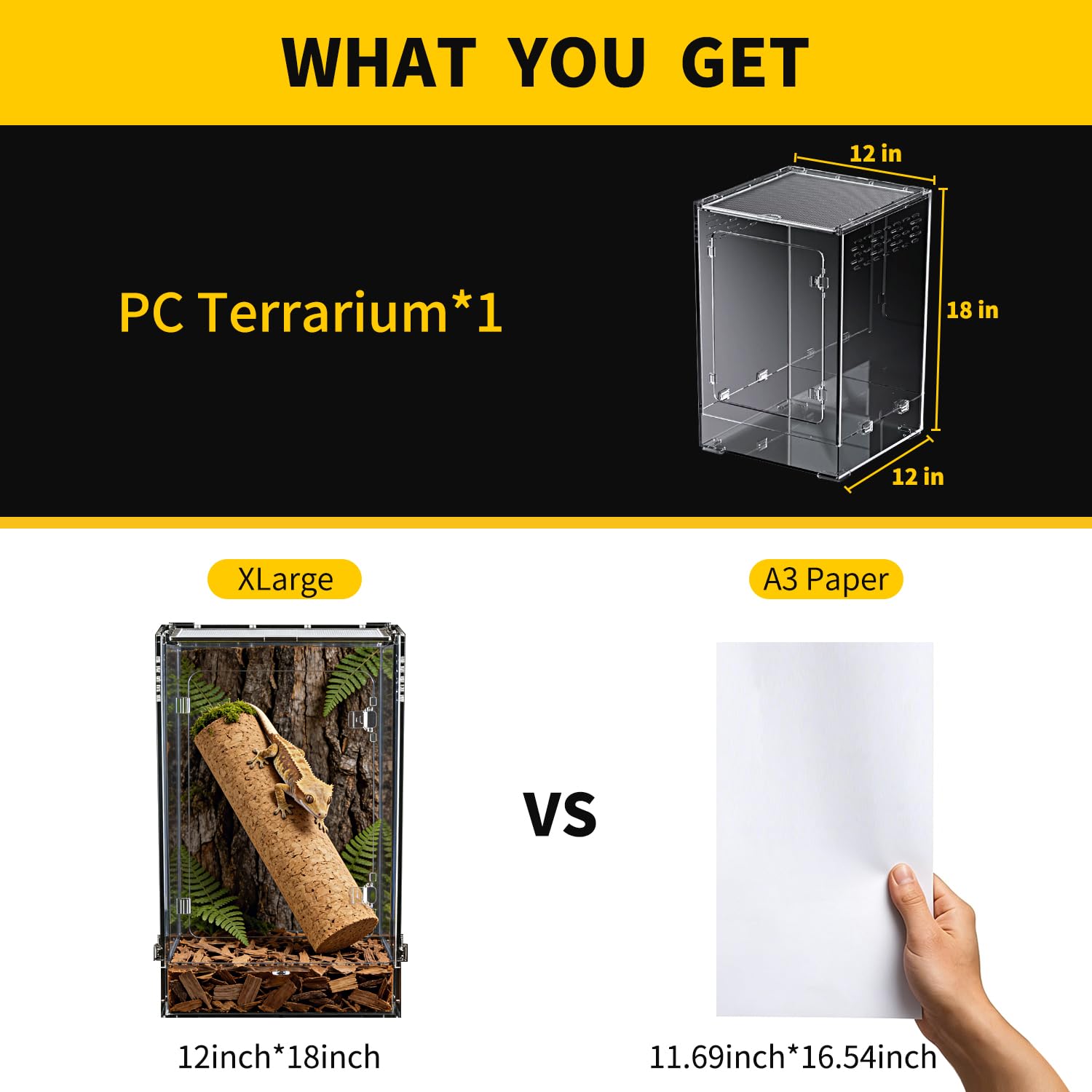 Terrario Alto para Reptiles, 11 GAL, hábitat de 12"x12"x18" con Puerta Frontal y ventilación Superior con Pantalla para Geckos, Ranas arborícolas, Camaleones y Dragones barbudos