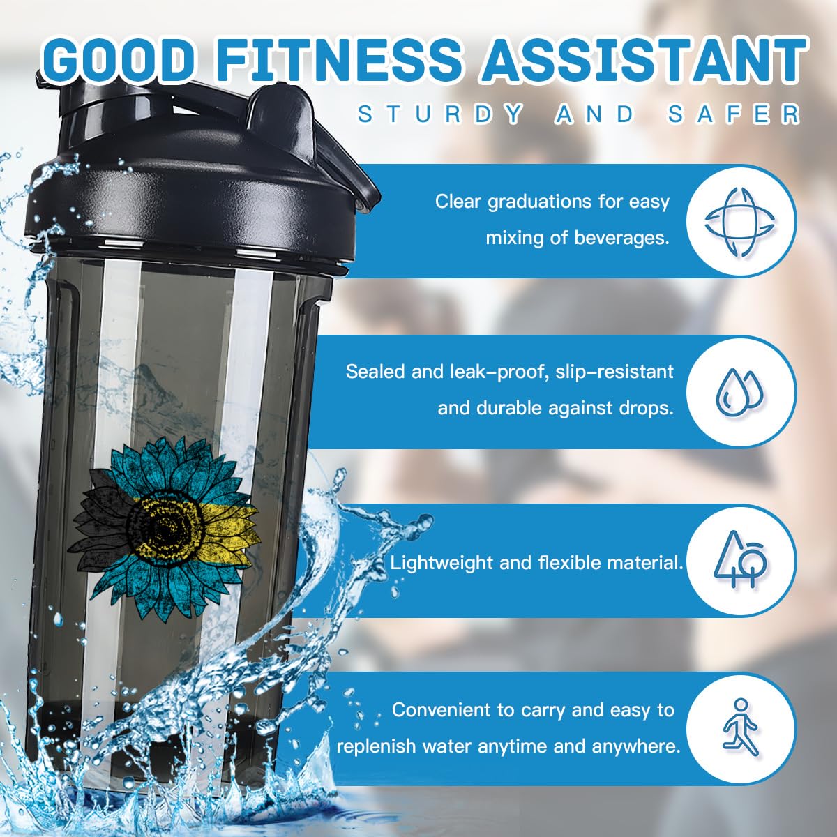 Vintage Sunflower Bahamas Bahamian Flag 18 Ounce Shaker Bottle Drink Mixer Leak-proof Pre Workout Protein Shakes Meal Replacement Shakes Bottles 500ML/18 Oz Black