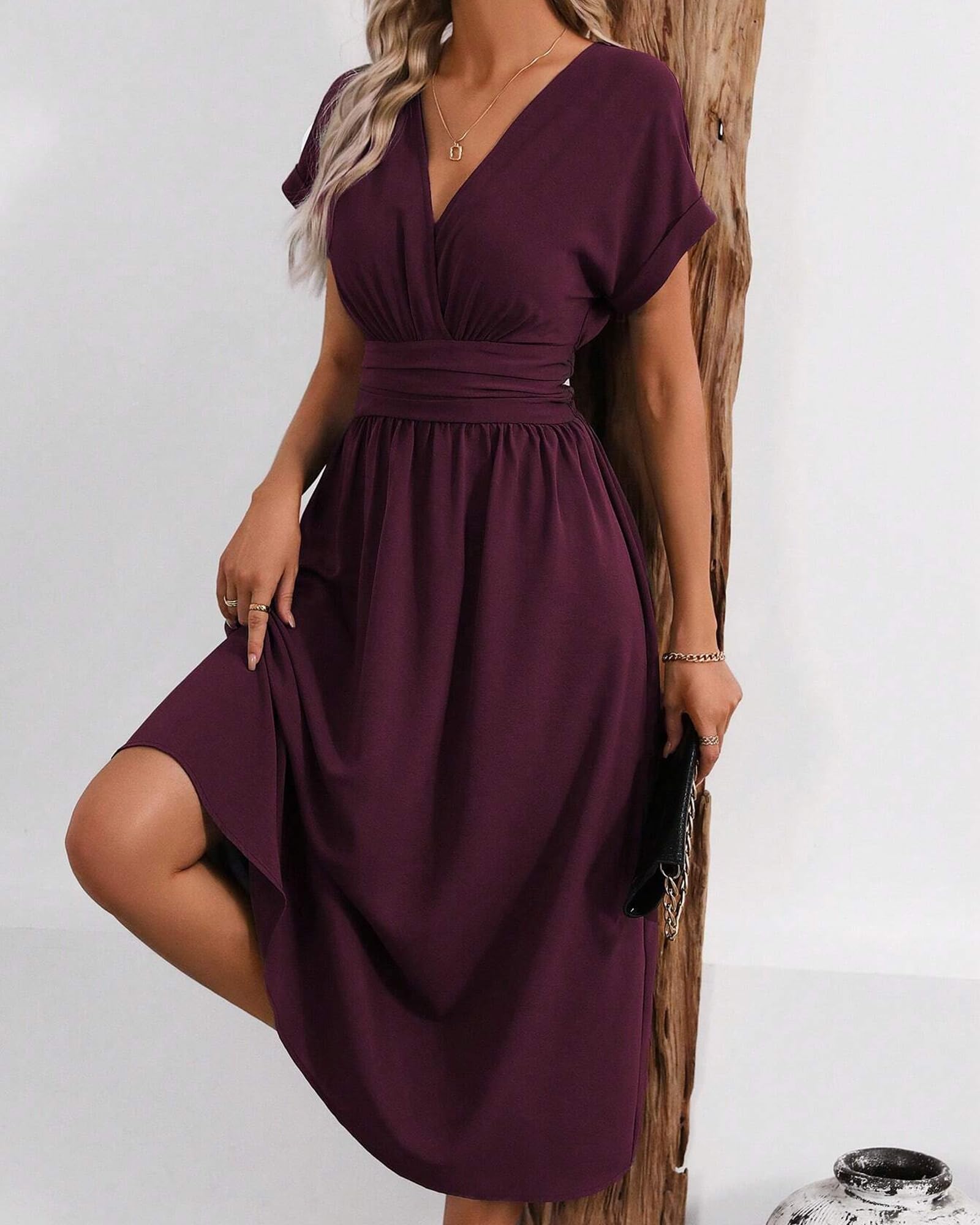 Vestido Verano Mujer Vestido Largo Elegante Vestidos Cuello en V Manga Corta Casual Verano Vestido Elástico
