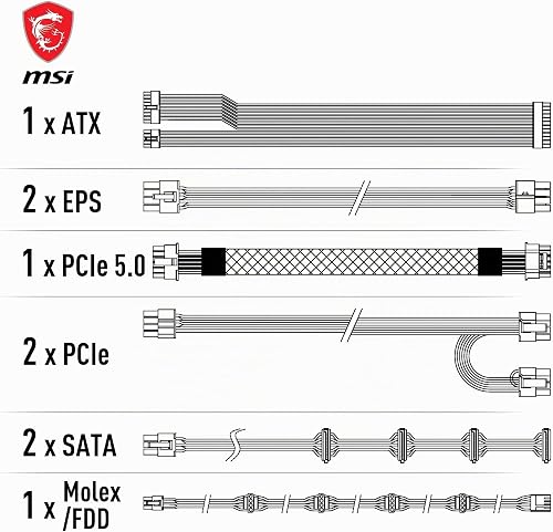 MSI MAG A850GL PCIE5 Alimentation, 850W, 80 Plus Gold, Entièrement modulaire, ATX 3.0, Support GPU PCIe 5.0, Ventilateur FDB 120mm, Full-Bridge LLC, câbles Plats Noirs - Garantie 7 Ans - 5