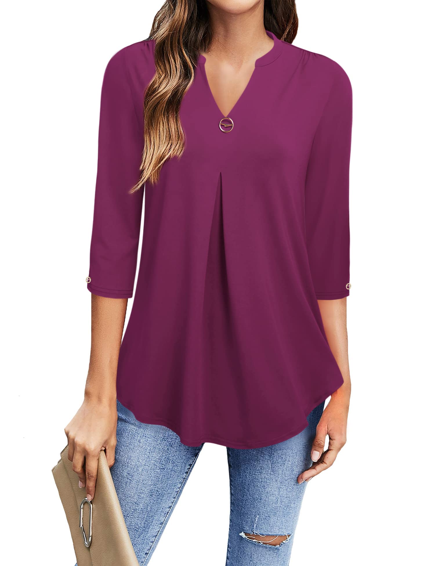 Gaharu Damen Bluse 3/4 Arm Elegant V-Ausschnitt Tunika Shirt Oberteil Flowy Locker Longshirt Tops