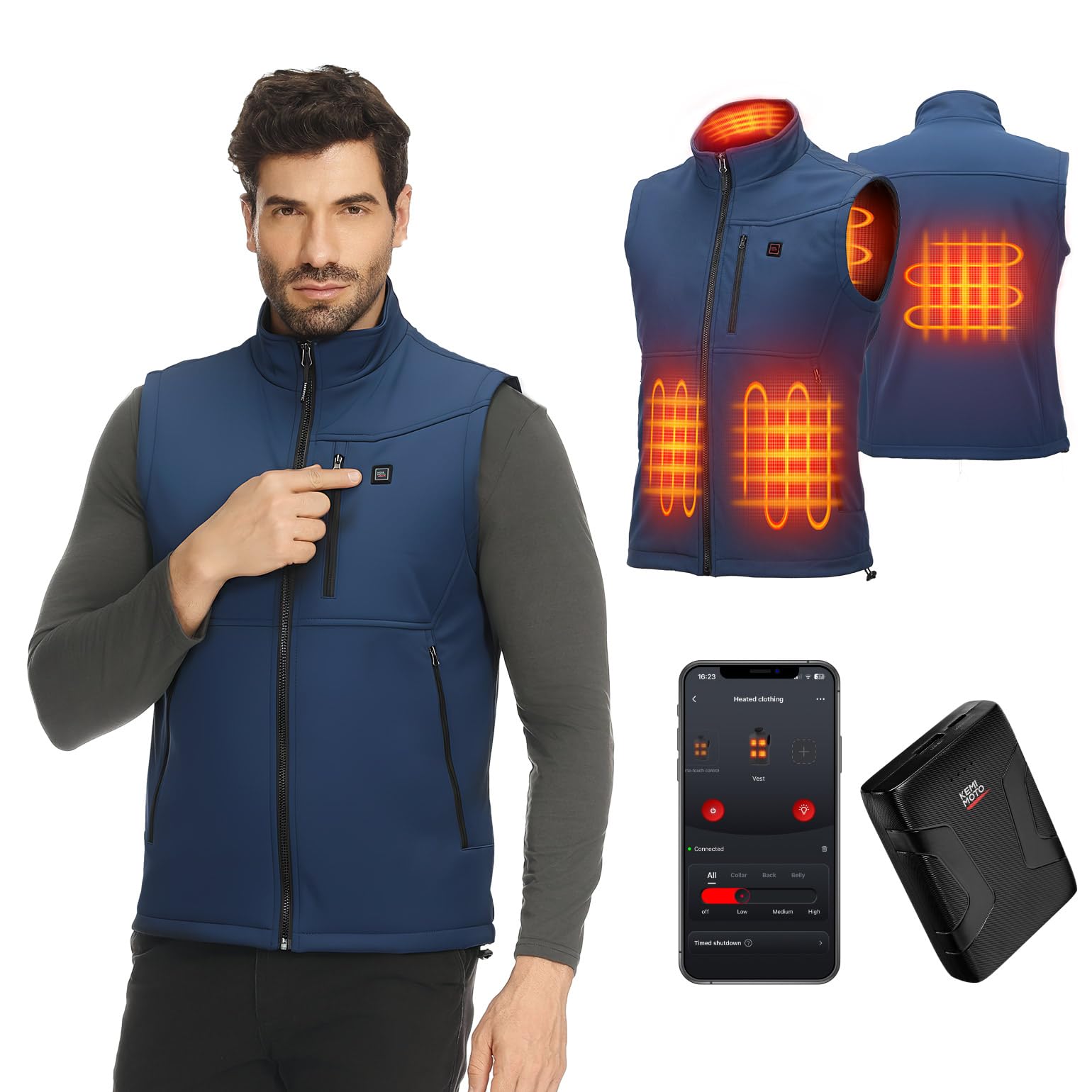 KEMIMOTO Chaleco Calefactable, Chalecos Impermeable Térmicos APP Exclusiva y Batería de 10000 mAh, Tejido Softshell Tela a Prueba de Viento 3 en 1, 4 Zonas de Calor Moto Esquí Senderismo