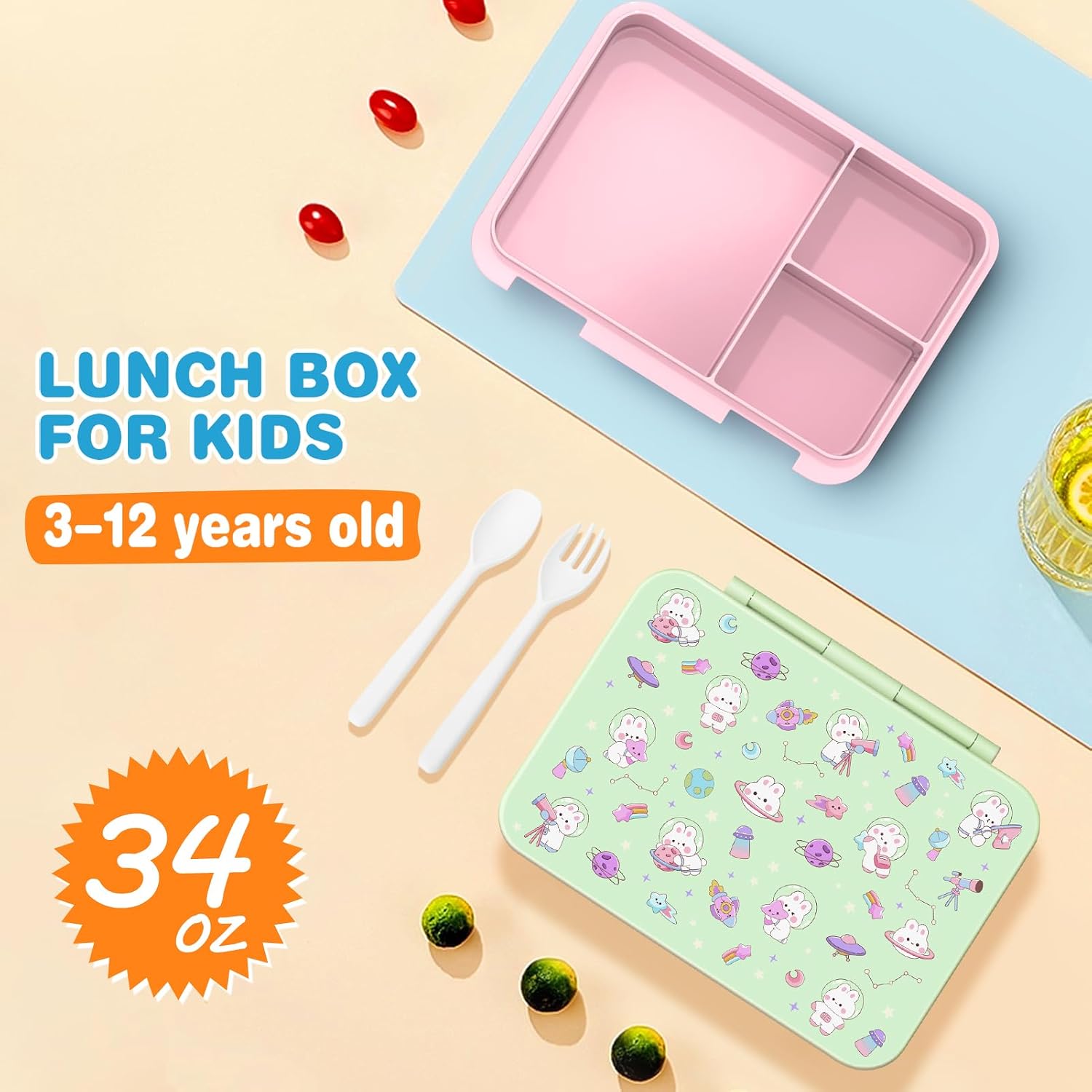 FIXITOK Girls Backpack with Bento Lunch Box Set, Kawaii Bunny School Backpack for Girls with Leak-proof Lunch Containers Lunch Bag Pencil Case for Kindergarten Elementary Preschool School Green image 4