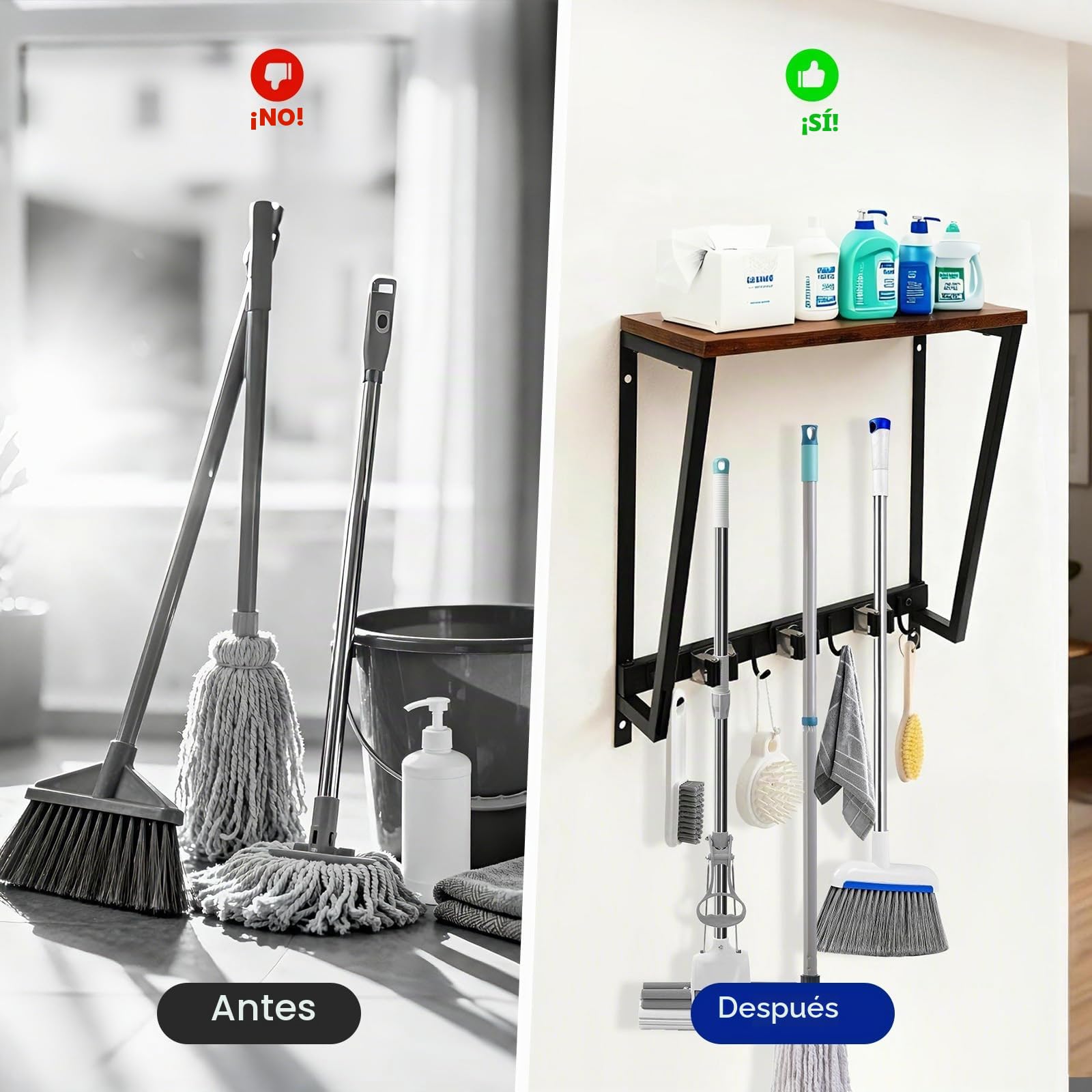 Colgador Escobas y Fregonas con Estantes de Pared con 3 Soporte, 4 Crochets, Organización y Almacenamiento para Cocina, Baño, Garaje y Jardín, Soporte Herramientas de Acero Inoxidable y Madera