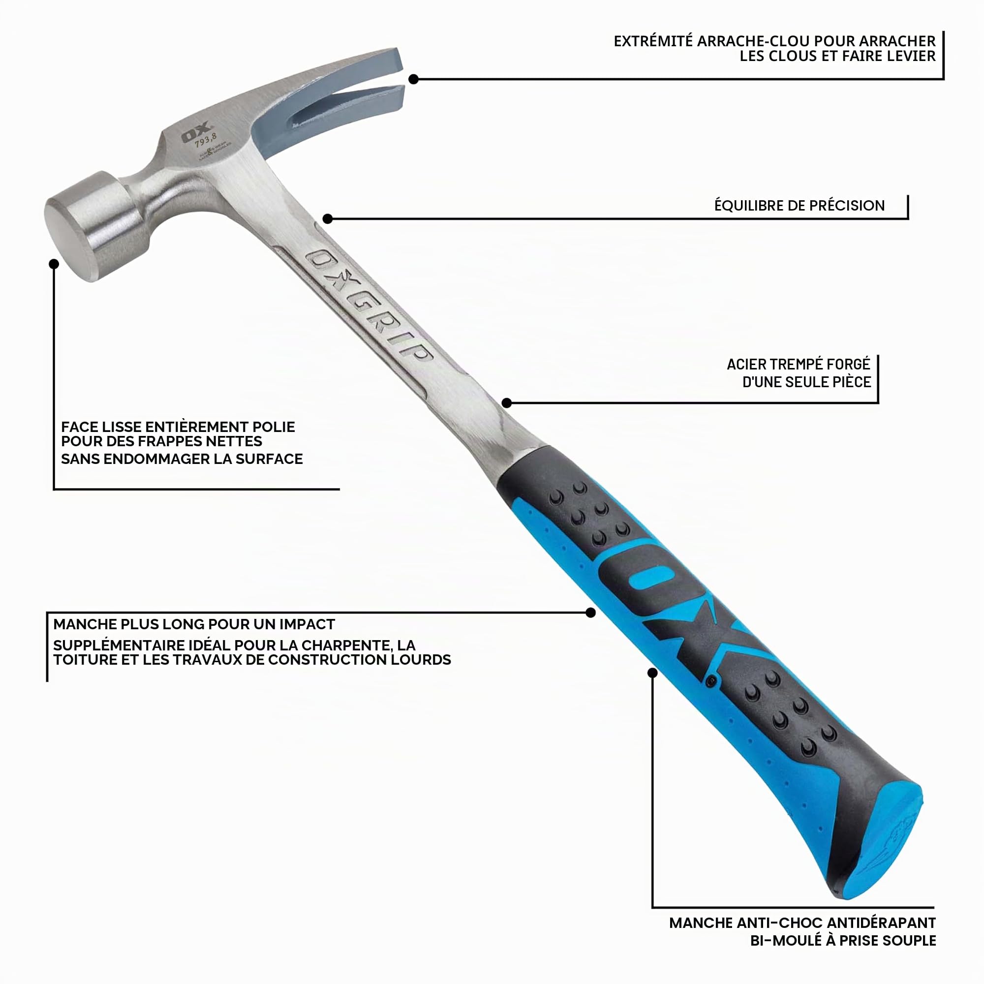 OX Tools Marteau d'encadrement - 28 oz, Caoutchouc, Bleu
