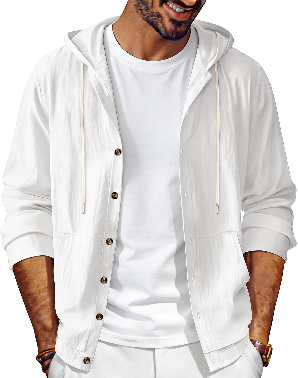 Mens Linen Long Sleeve Button Down Shirts with Pockets Casual Hawaiian Beach Shirts Lightweight Fashion Hoodies