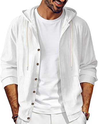 Mens Linen Long Sleeve Button Down Shirts with Pockets Casual Hawaiian Beach Shirts Lightweight Fashion Hoodies