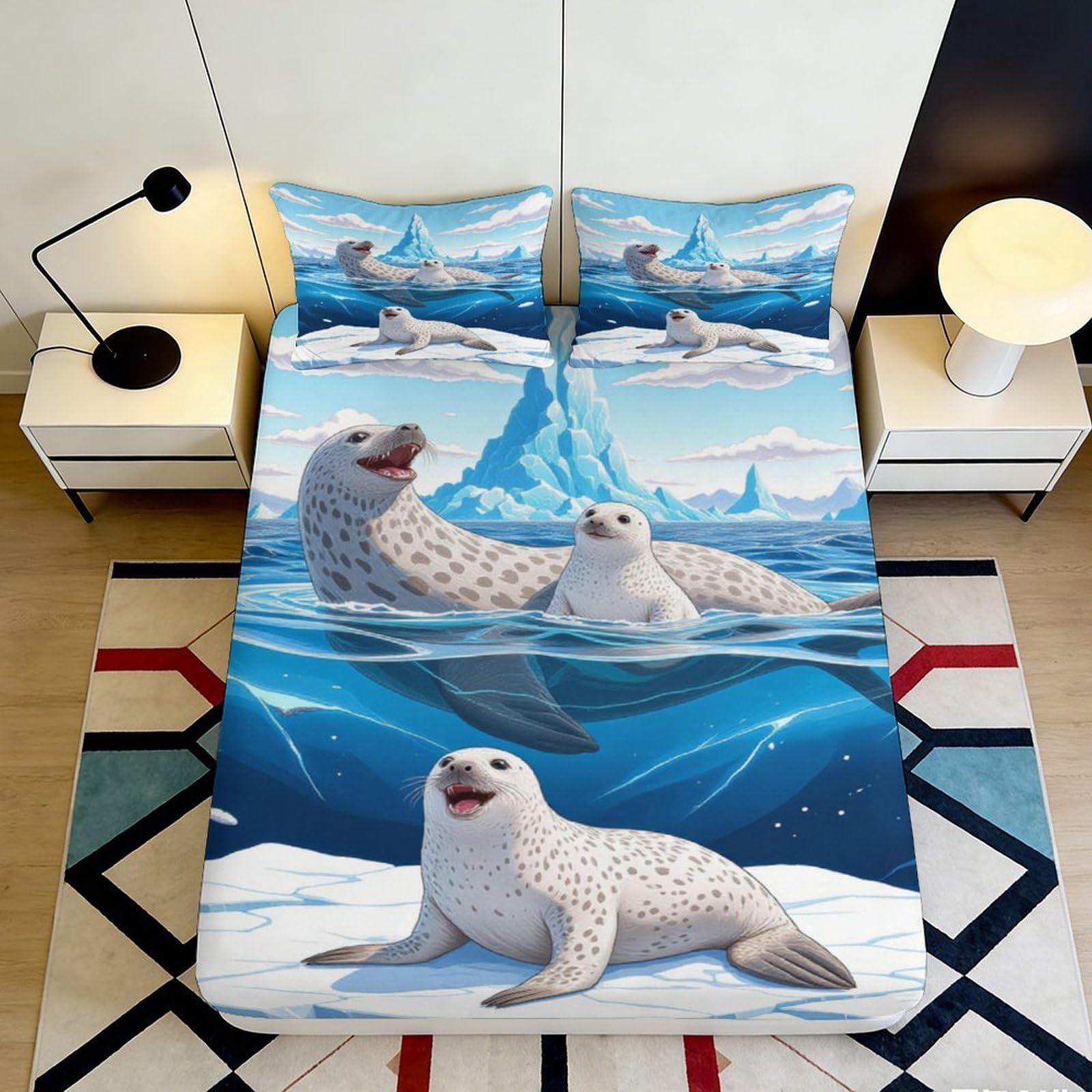 3D Printed Arctic Seal Pattern Fitted Sheet Microfiber Soft Breathable Iceberg Bed Cover for Bedroom Dormitory Guest Room Mattress Protection Decor 160x200x25cm
