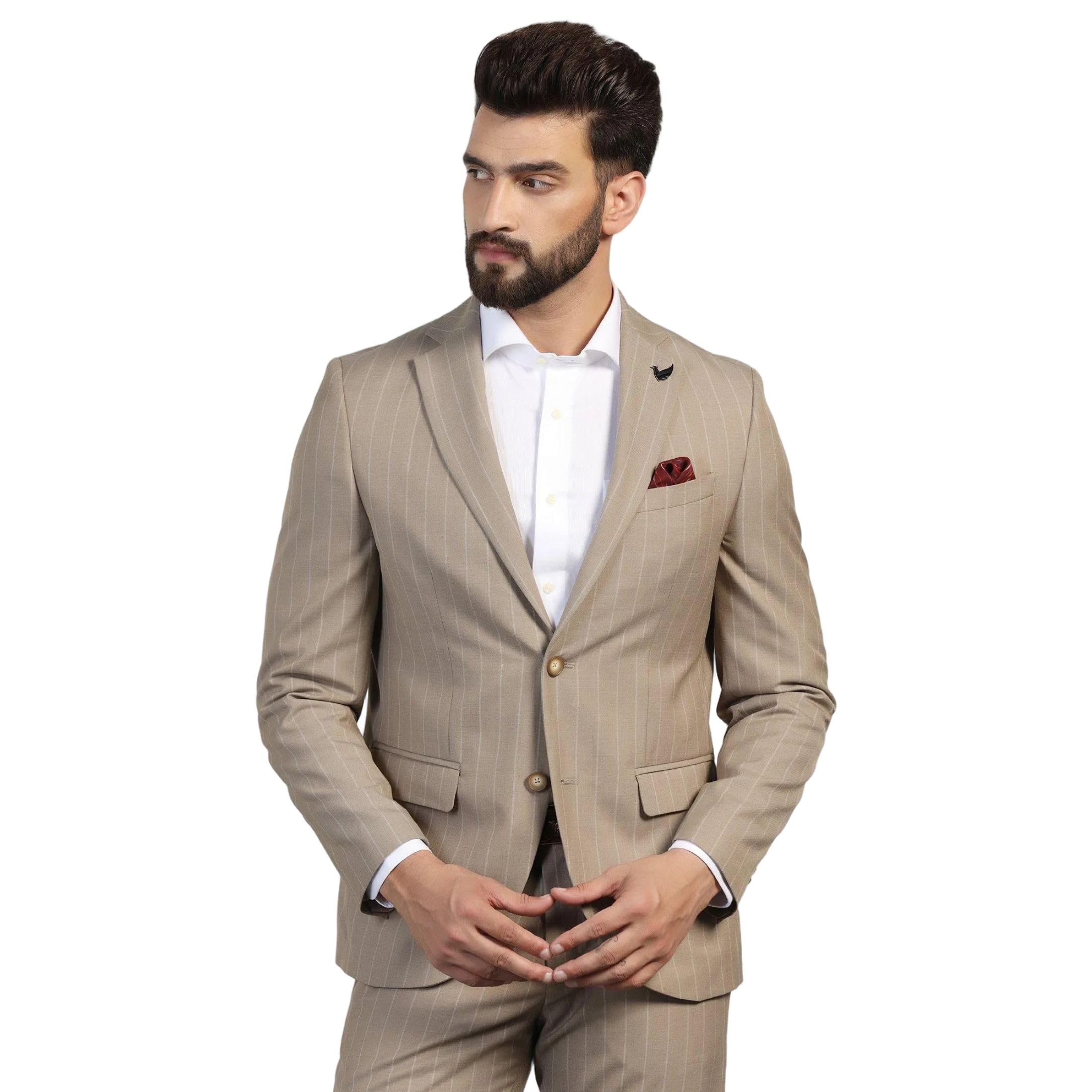 blackberrys Men's Beige Poly-Blend Vertical-Stripes Slim Comfort 2-Piece Suits-picture-10