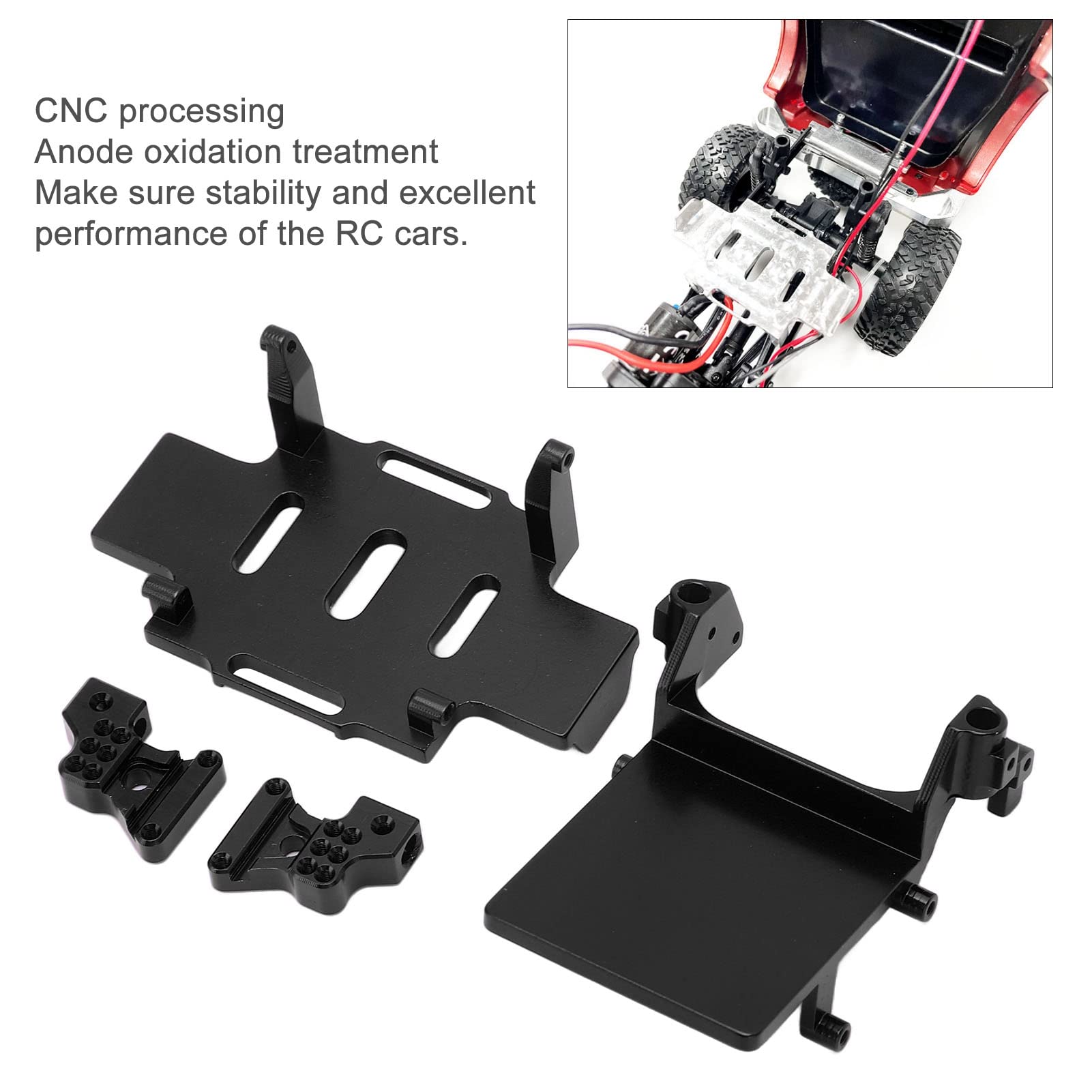 Zestaw tacy na baterie, tylna wieża uderzeniowa RC, stop aluminium, taca akumulatora z uchwytem ESC, tylna wieża uderzeniowa, akcesoria RC do samochodu SCX24 1/24 RC (czarny)