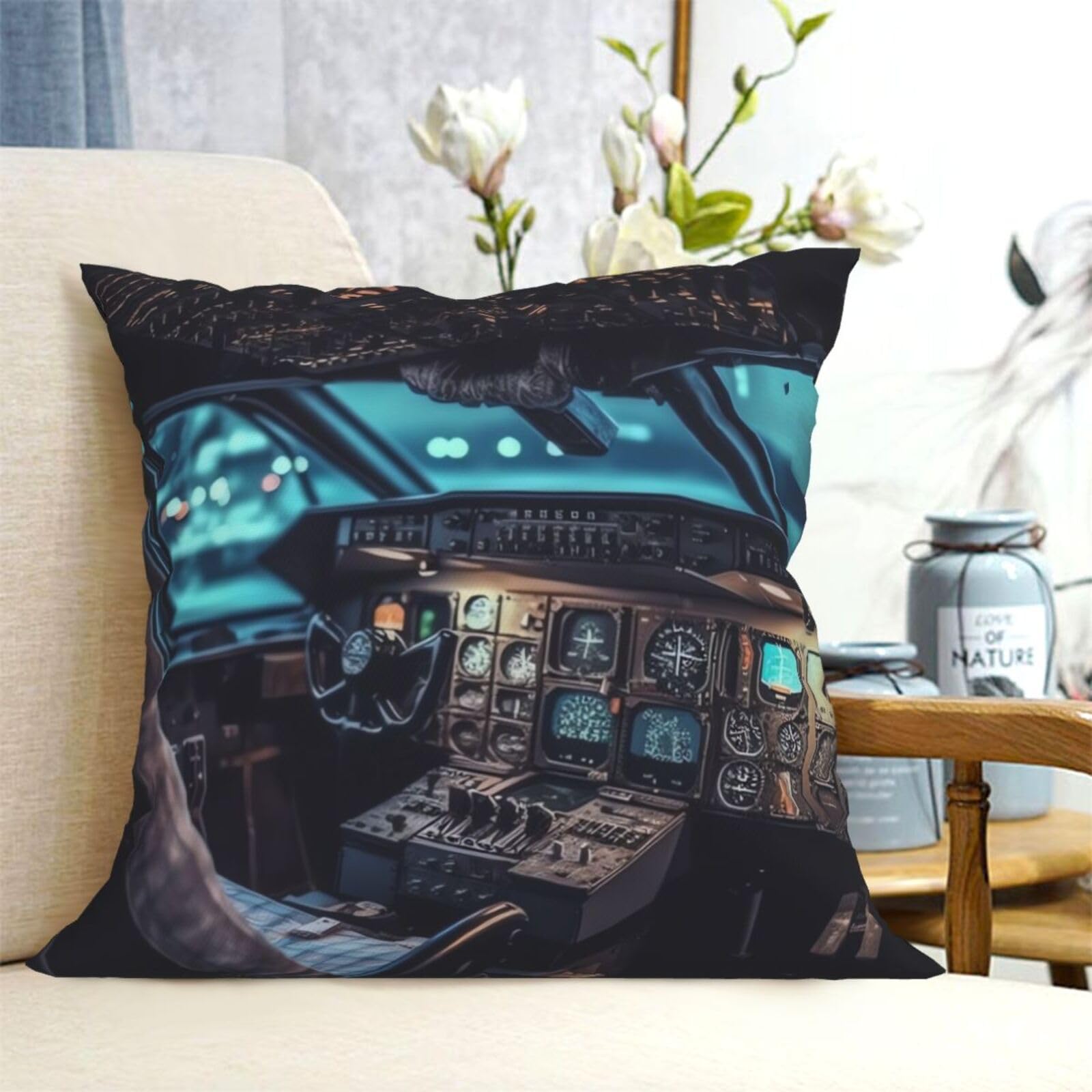 Fodpand Black Decorative Throw Pillow Covers 12"X12" Airplane Cockpit Cushion Cases Square Modern Farmhouse Pillow Cases Soft Cozy Cushion Covers For Couch Sofa Bedroom Home Decor Pillowcase