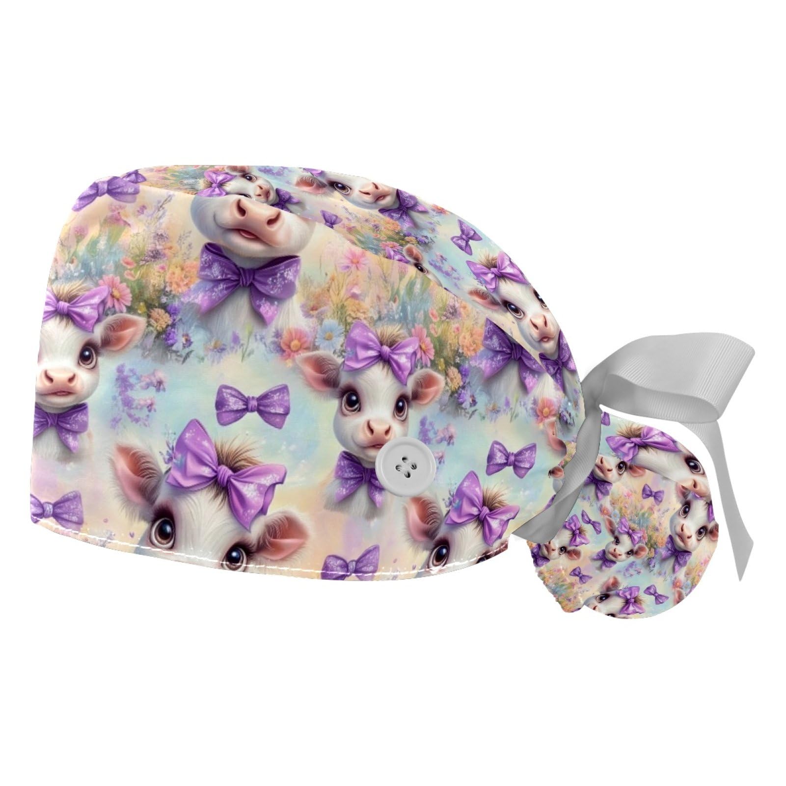 2 PCS Bouffant Cap with Button Ponytail Pouch Working Cap Sweatband Adjustable Surgical Cap Black and White Cow