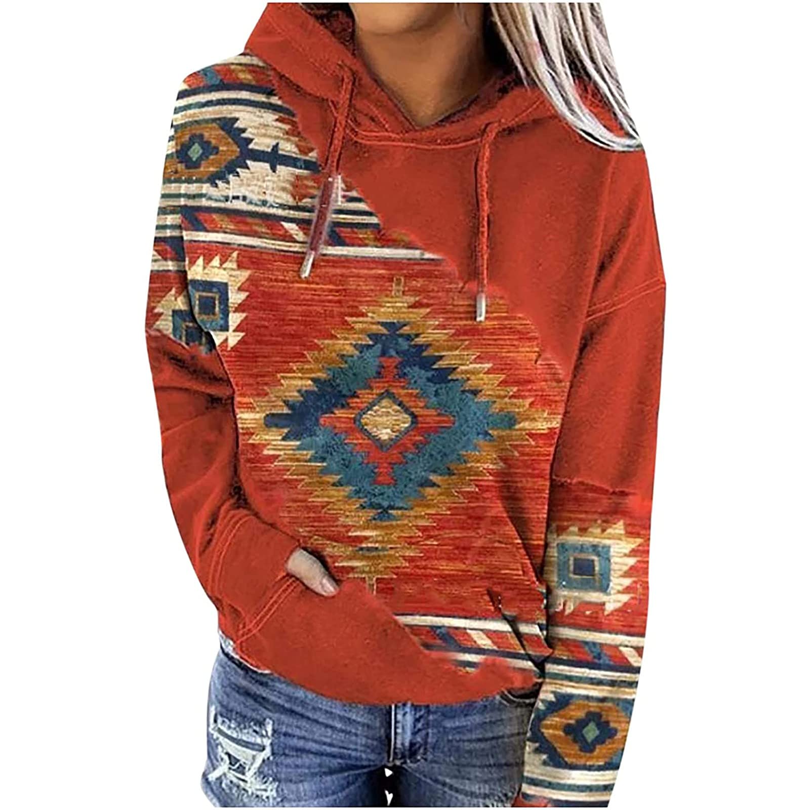 Aztec Hoodies for Women, Western Ethnic Style Geometric Printed Drawstring  Fall Casual Cowgirl Hooded Sweatshirt