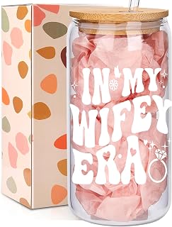 Bridal Shower Gifts Wifey Era Cup – Bridal Shower, Bachelorette,Wedding Gifts for Bride to Be, Engagement Presents for Her, 16 oz Coffee Glass with Lid & Straw