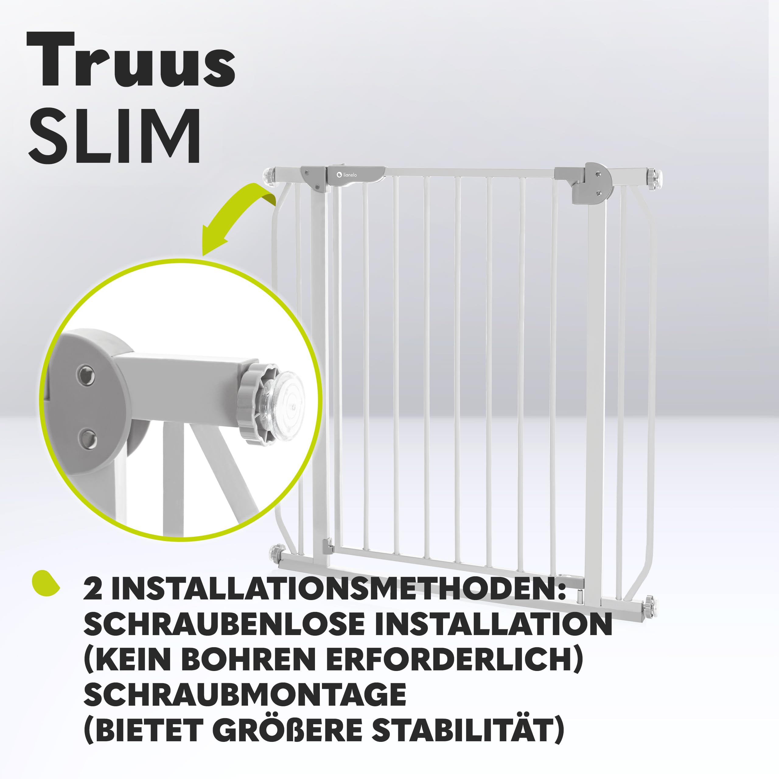Lionelo Truus Slim Treppenschutzgitter ohne Bohren 75–105 cm | Baby Türschutzgitter mit Erweiterung, Auto Close, Doppelte Sicherung, Beidseitig Öffnend, Niedrige Schwelle
