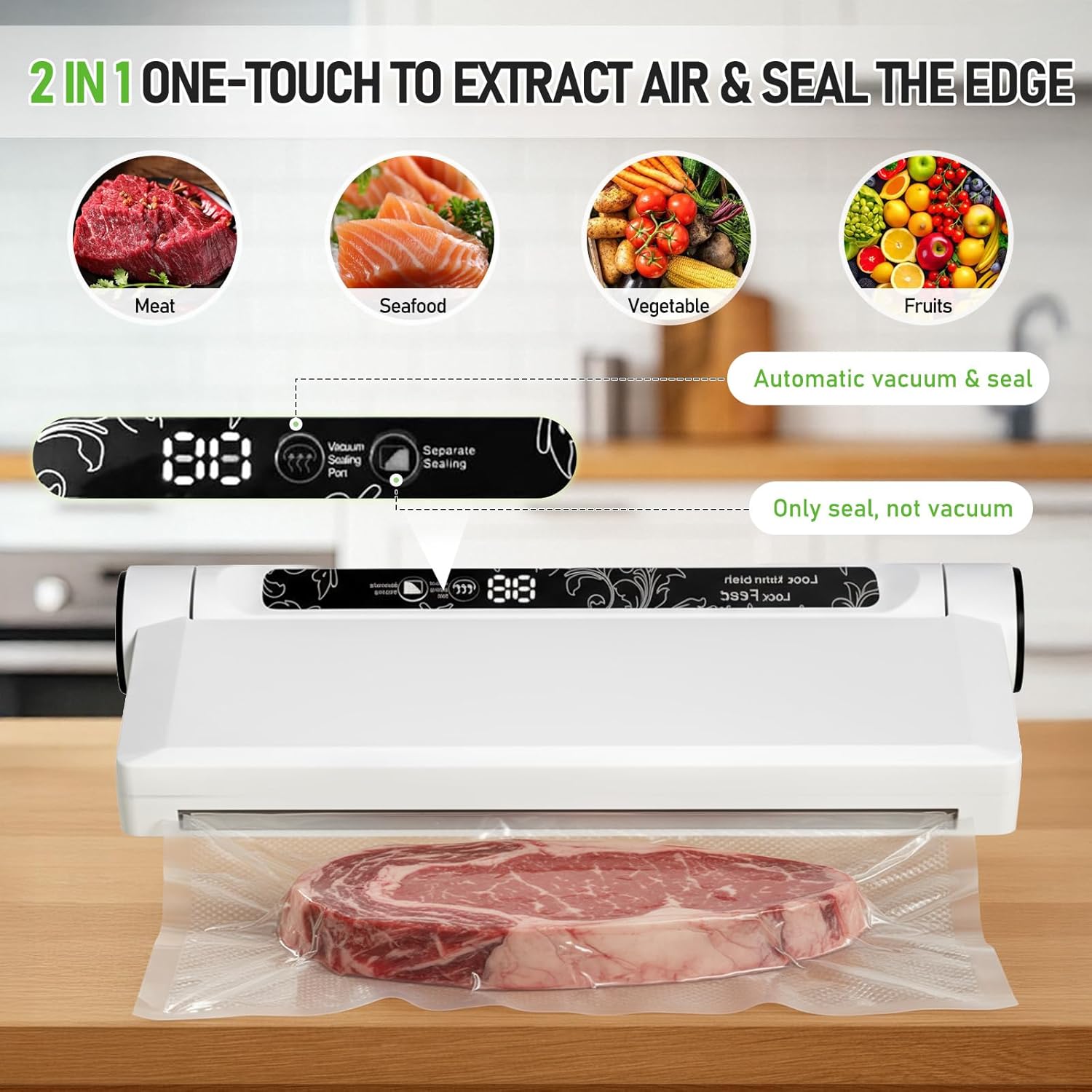 Food Vacuum Sealer Machine, Powerful Pro Vacuum Food Sealer for Food, Dry/Wet Modes, 60KPA Strong Suction, with 20 Vacuum Seal Bags for Food, One-Touch Automatic, Digital Countdown Timer