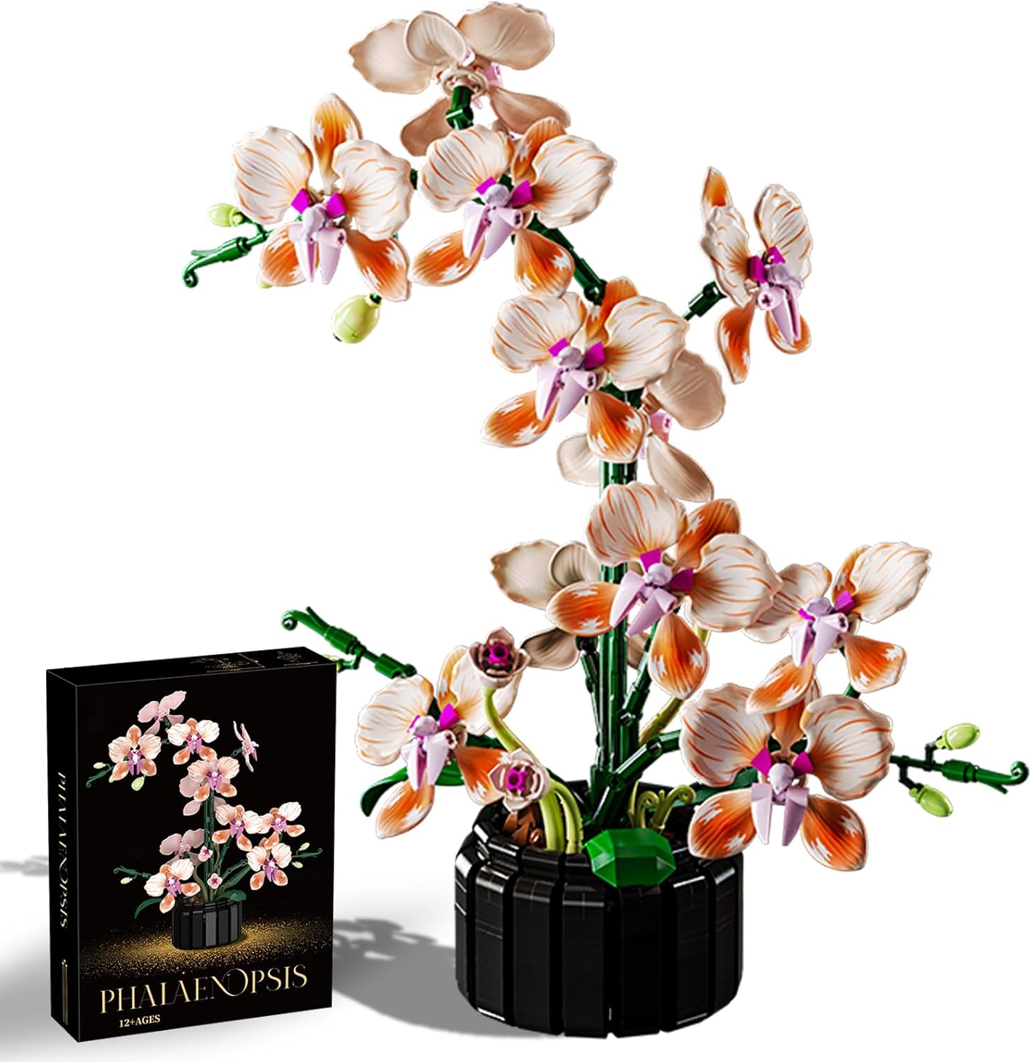 Orchid Flower Building Block Set,Compatible with Lego Flower Featuring Printed Floral Patterns on the Blocks' Petals, Ideal for Tabletop displays and as (Orange, 866PCS)