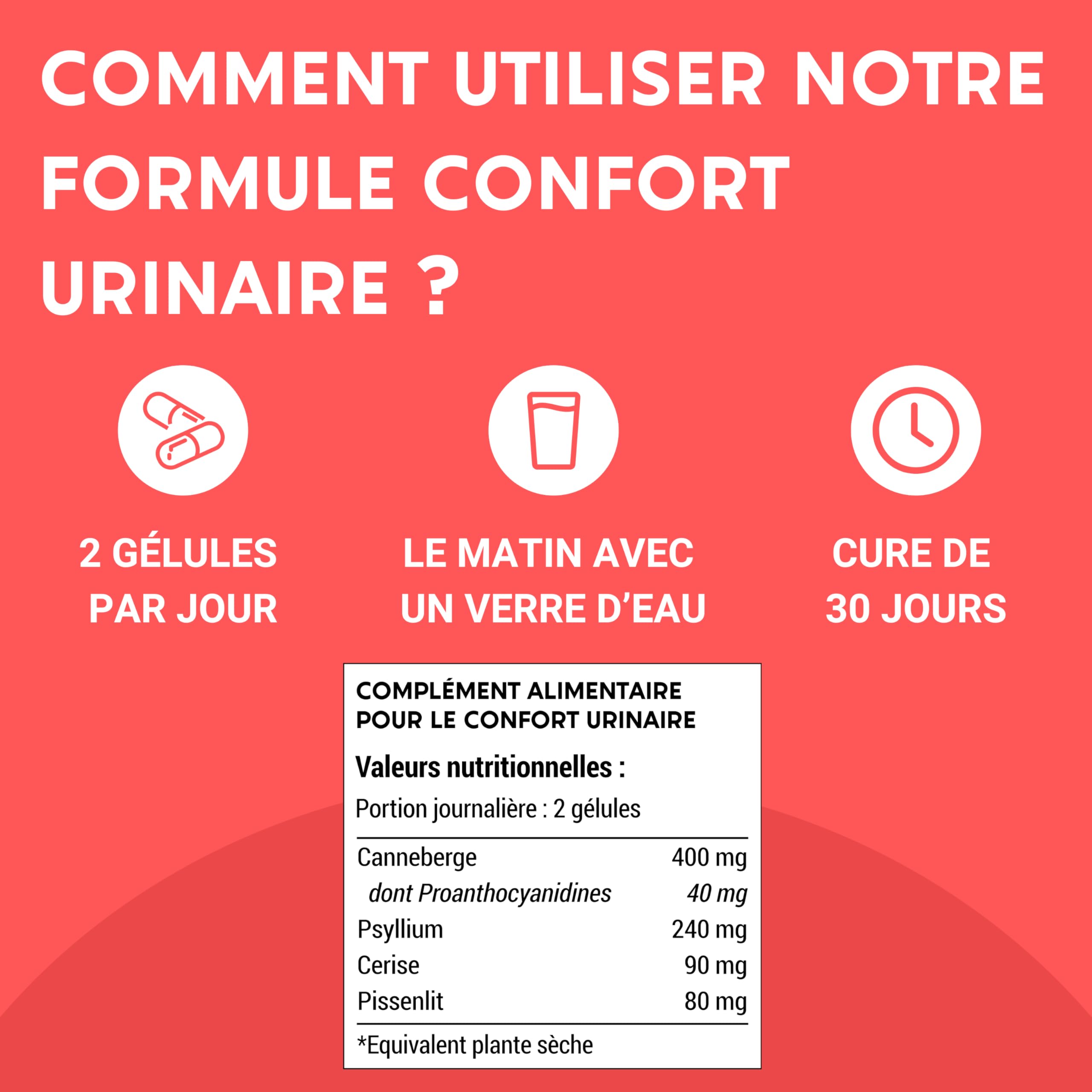 FORMULE CONFORT URINAIRE | Cranberry Psyllium Cerise Pissenlit | Complement alimentaire | Confort, Drainage, Régulation | 60 Gélules | Fabriqué en France