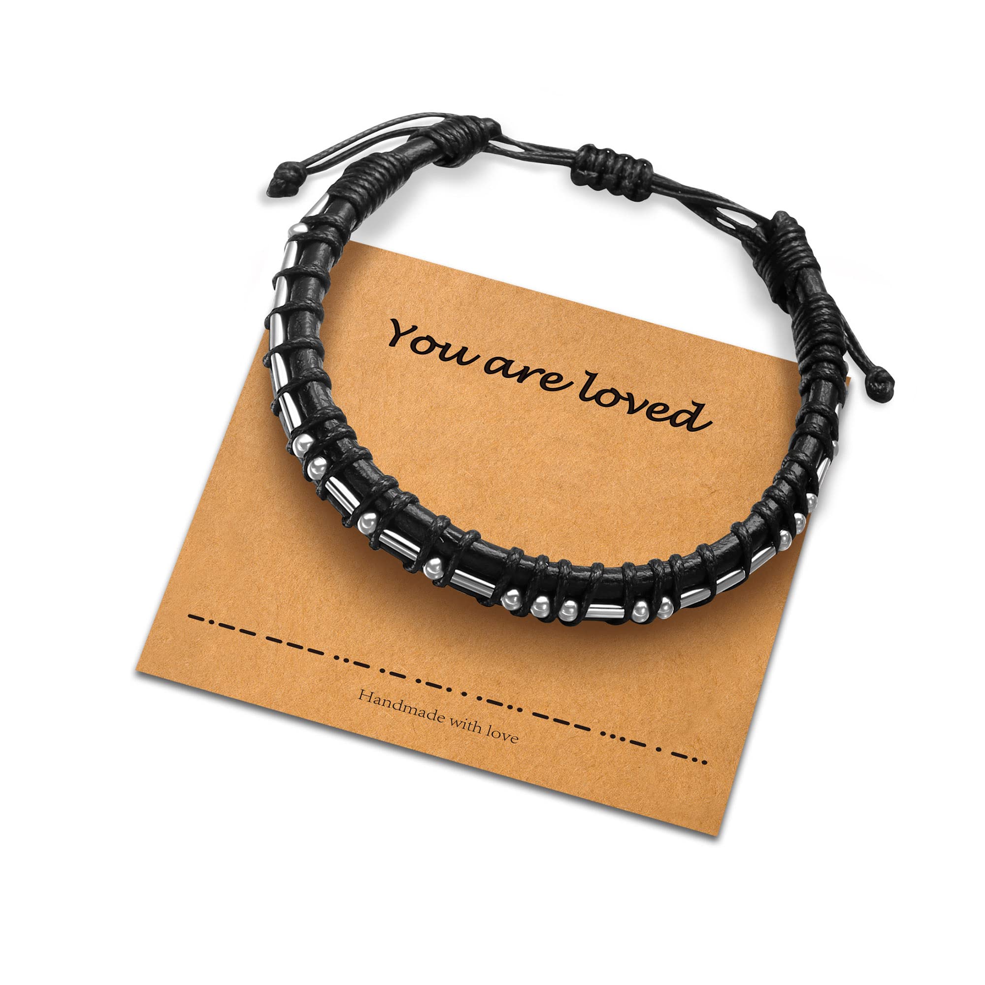 URSTARMorse Code Bracelets Gifts for Men, 18K Real Gold Plated Beads on Black Leather Bracelet for Men Inspirational Bracelets Gifts for Mens Jewelry Unique Birthday Fathers Day Thanksgiving Gifts for Him