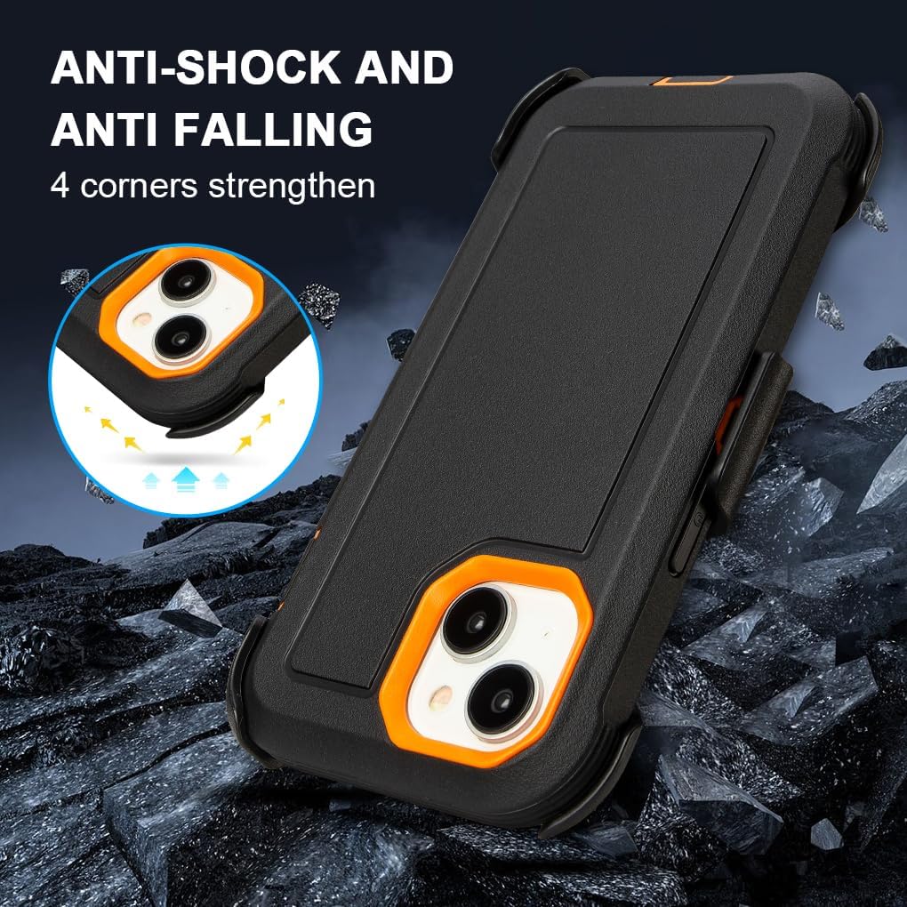 for iPhone 15 Case with Clip Belt Holster, Heavy Duty Military Grade Drop Protective Case for iPhone 15 6.1 case (Black+Orange)
