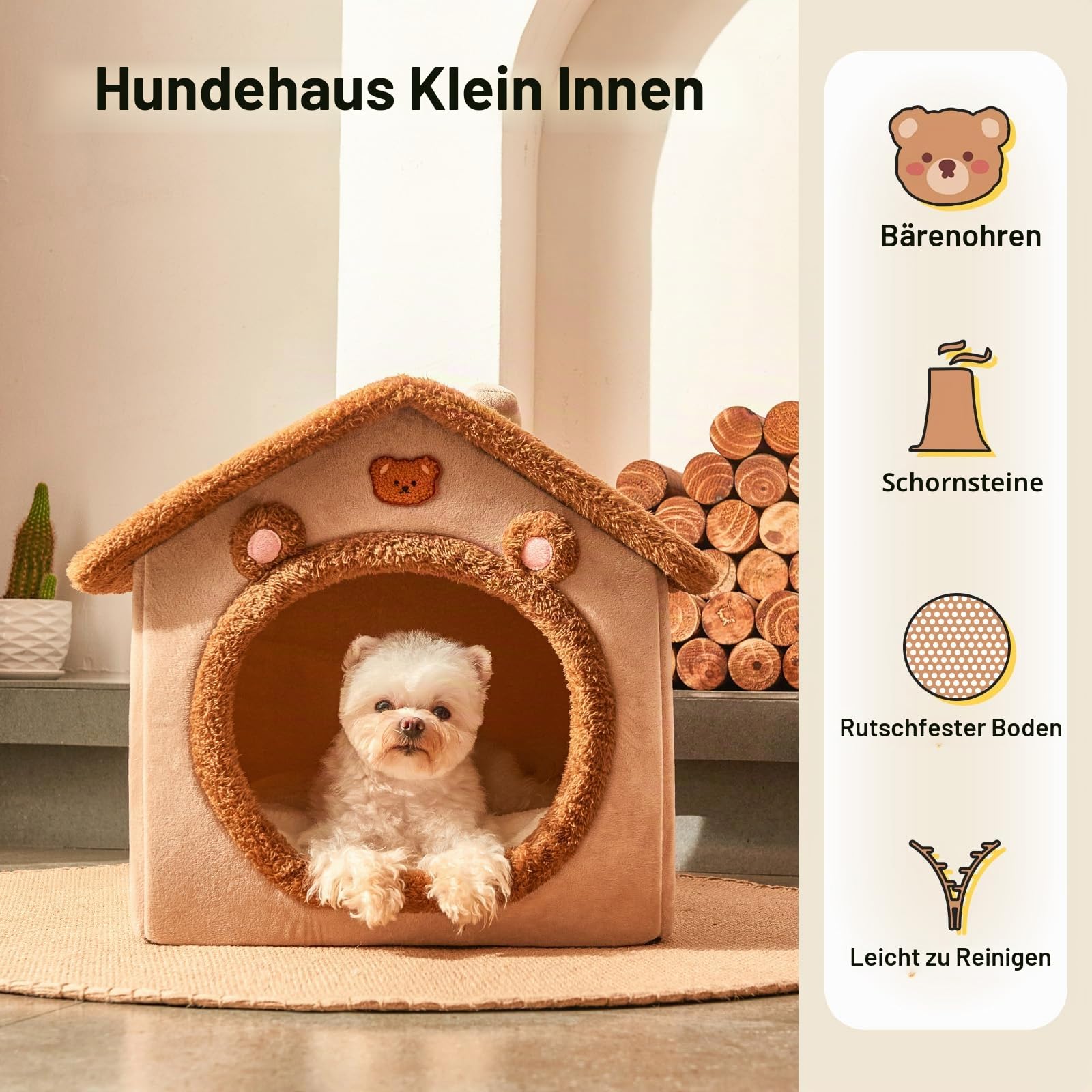 Jiupety Hundehöhle Kleine Hunde mit süßen Bärenohren, Hundehütte Indoor für Kleine Hunde, Hundehaus für Drinnen, Größe L Hundebett mit Dach, Brown Bear