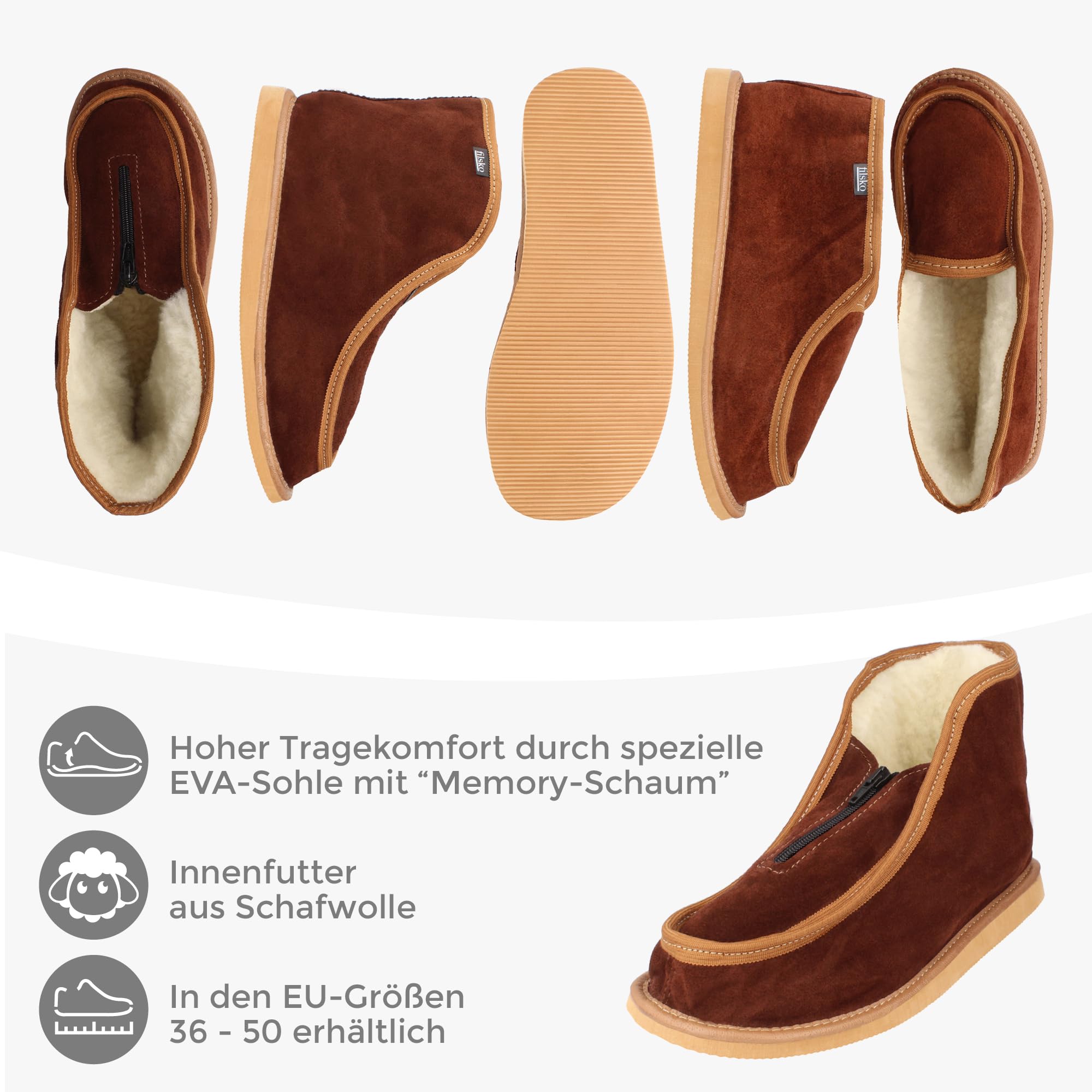 Damen & Herren Hüttenschuhe Hausschuhe | Unisex | in braun Skier | Winterhausschuhe mit Schafwolle gefüttert | mit Reißverschluss | reicht über den Knöchel | EU-Schuhgröße 36 bis 50