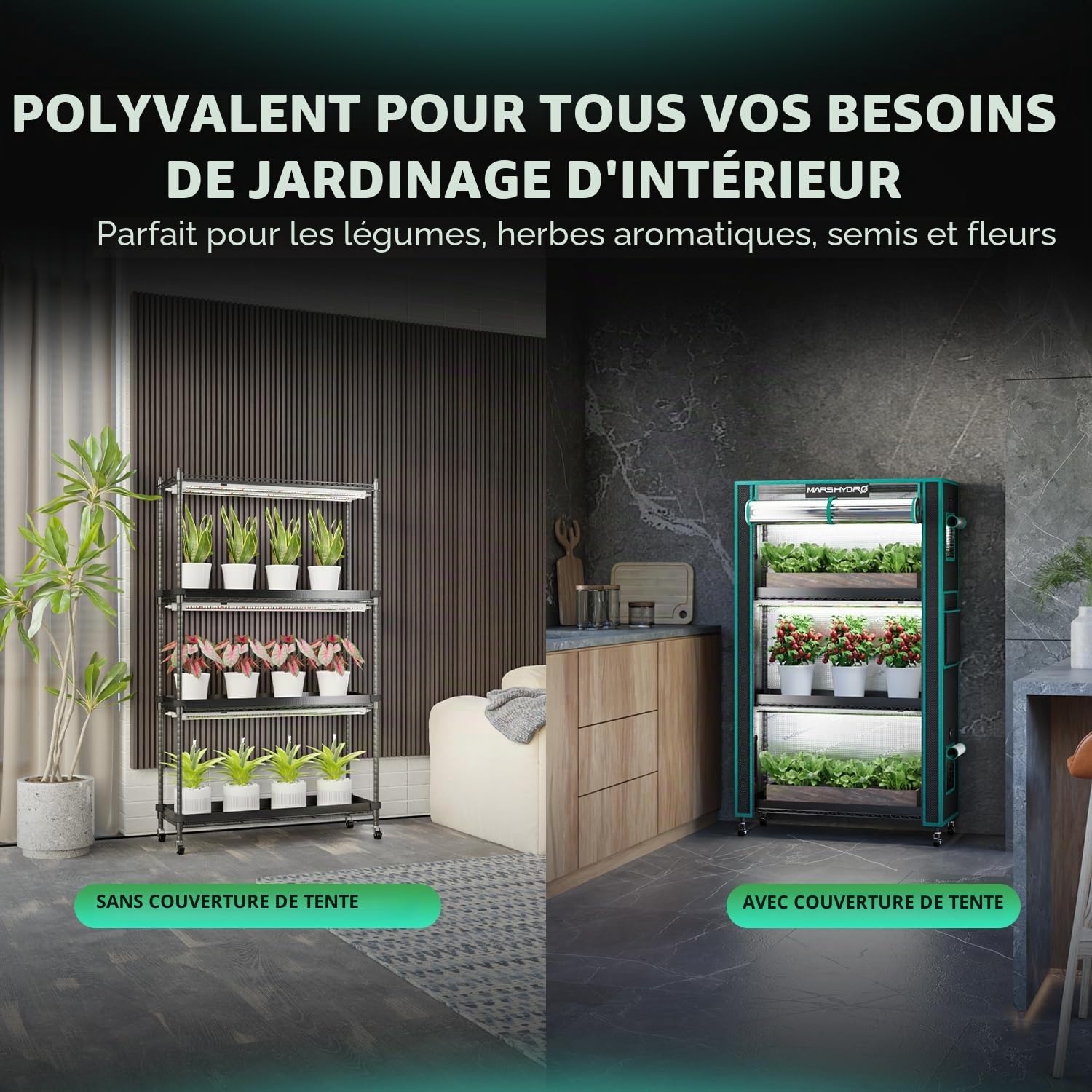 MARS HYDRO 2025 Support pour plantes avec lumières de culture, étagère pour plantes à 4 niveaux avec 6 lampes LED à spectre complet (150 W, 3 pieds) et tente de culture pour légumes, semis