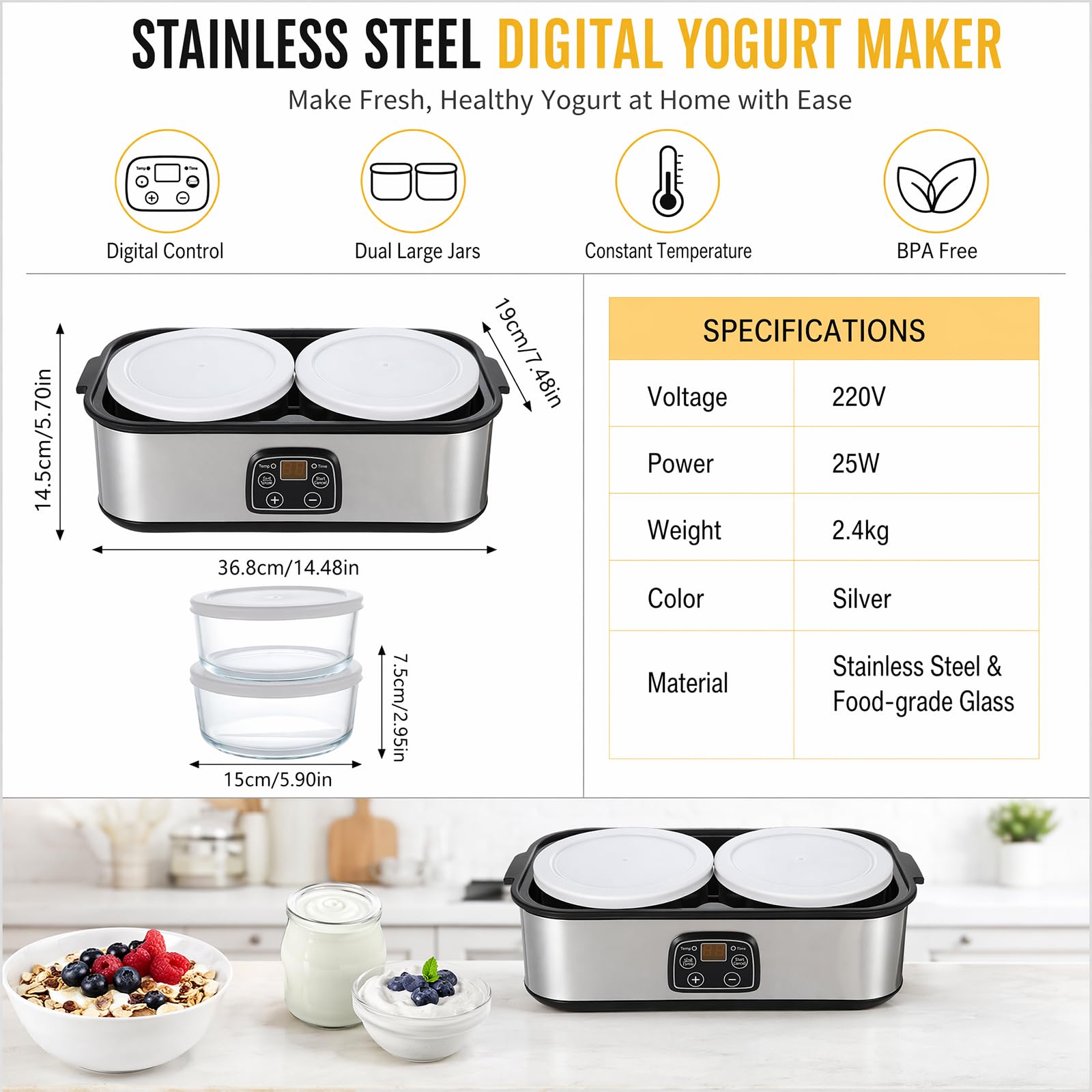 Yaourtière automatique, 2 l, température et minuterie réglables, yaourtière avec 2 verres, yaourtière pour yaourt grec, fromage, natto, vin de riz (argent, 2 l)