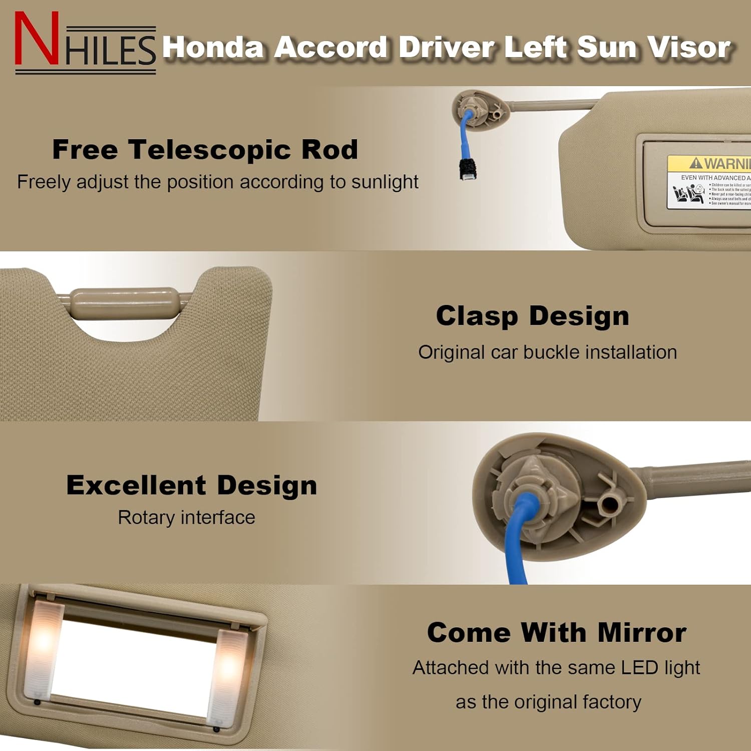 NHILES Left Driver & Right Passenger Side Sun Visor Compatible with Honda Accord 2008 2009 2010 2011 2012 2013 2014 2015 2016 2017 with Light Replaces # 83230TA0A91ZB (Beige)