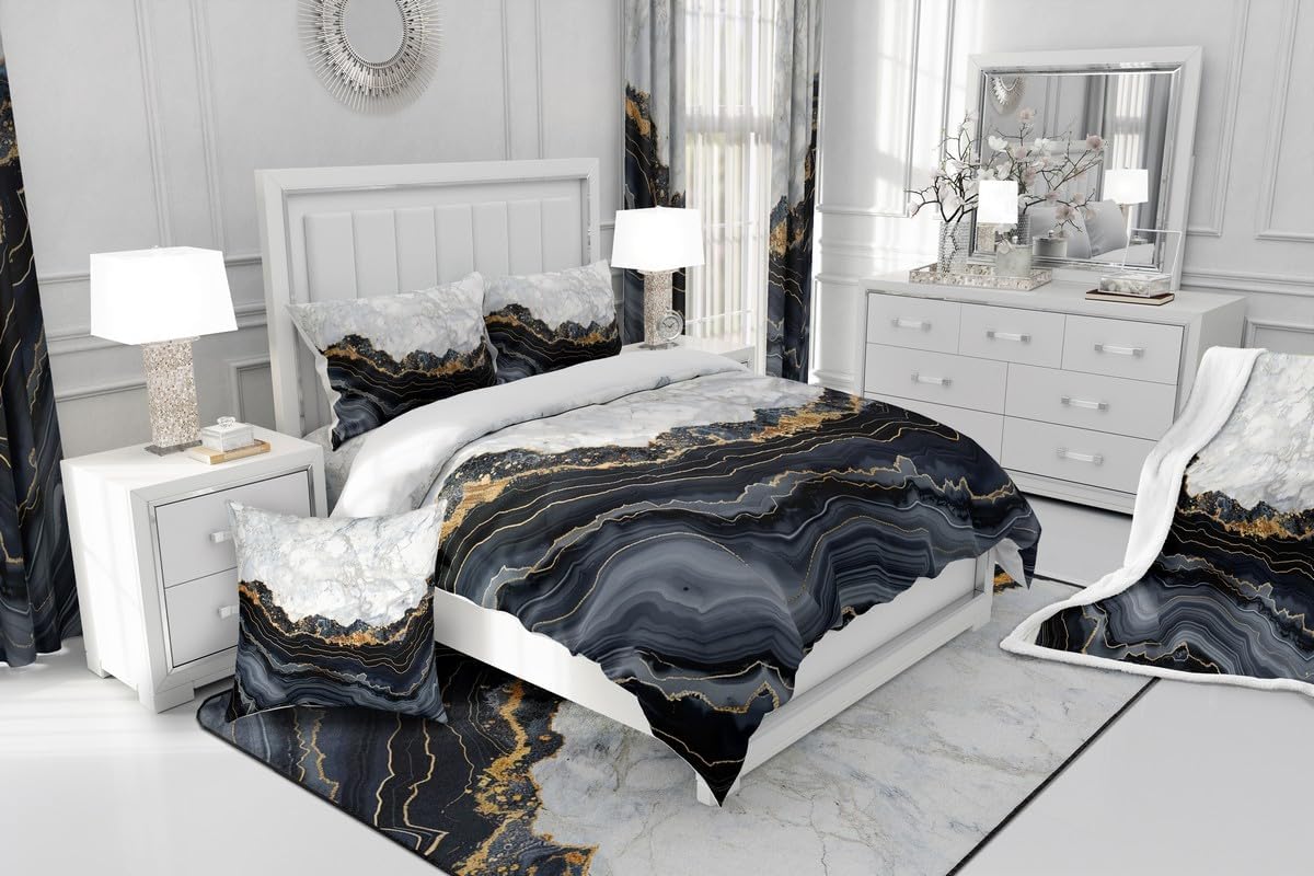 Erosebridal Black Marble Duvet Cover Set Full, Chic Stone Grain Bedding Set for Kids Teens Adult Women, Abstract Fluid Comforter Cover Bronzing Marble Bedspread Cover with 2 Pillow Cases, White Gold