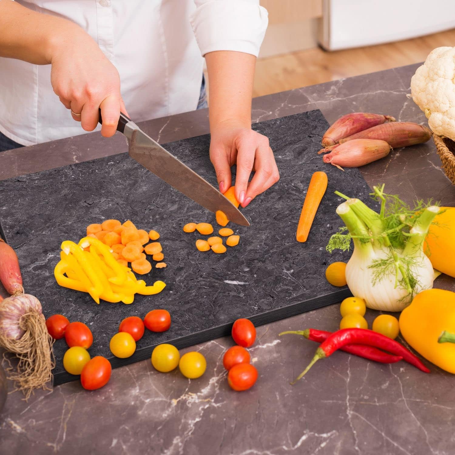 Flexzion Rectangular Marble Cheese Board - 11.5 x 15 Inch Black Marble Serving Board for Baking, Charcuterie, Pastry, Trivet - Non-Stick Heat Resistant Marble Cutting Boards for Kitchen