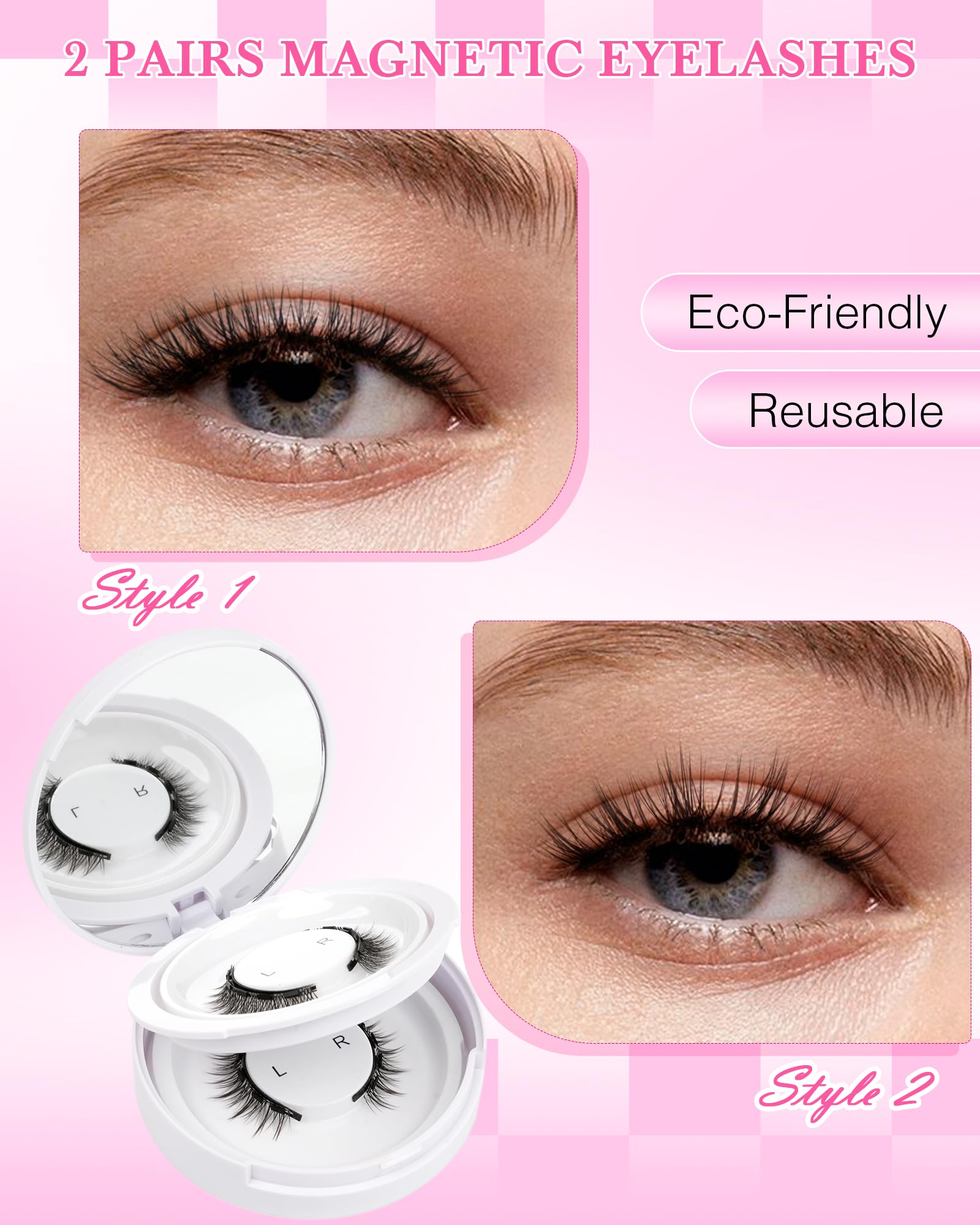 Ciglia magnetiche dall'aspetto naturale, 2 paia di ciglia magnetiche riutilizzabili su entrambi i lati, con applicatore e specchio, senza colla necessaria, colore nero (Manga Look 5-11 mm)