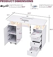 Vista 3 de Nail Desk for Nail Tech w/Electric Dust Collector, Rolling Manicure Table w/Lockable Wheels, Storage Drawers, Wrist Cushion, Acetone Resistant, for