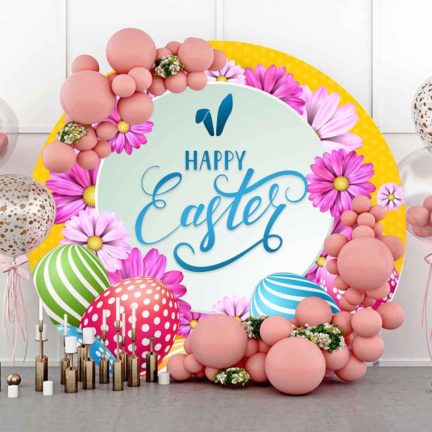 Happy Easter Round Backdrop Cover, 5x5ft Polyester Colorful Easter Eggs Flowers Circle Backdrop, Chic Circular Spring Holiday Easter Party Banner Decor Cake Table Photo Booth Prop YMBXTPH121
